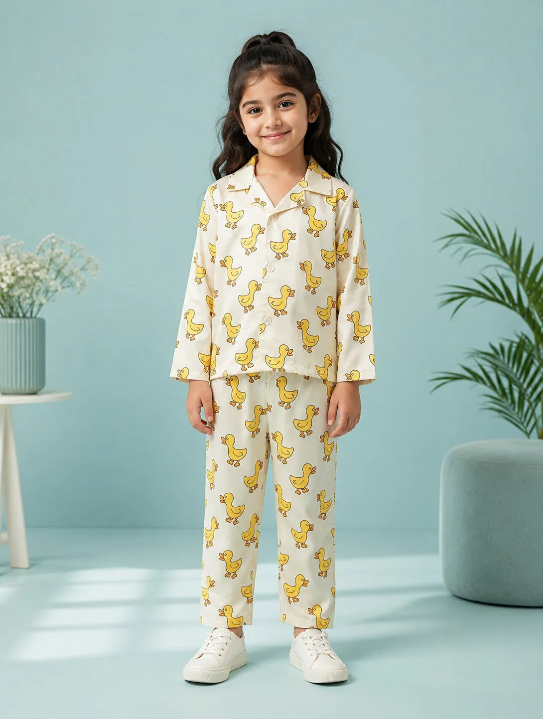 Girls Off-White & Yellow Satin Duck Printed Nightsuit