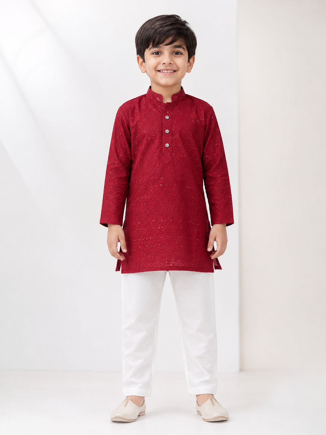 Boys Maroon Chikankari & Sequined Pure Cotton Kurta with Pyjama Set