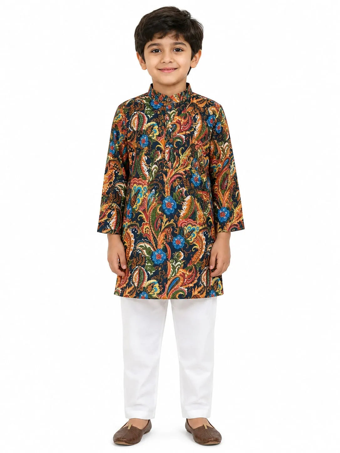 Boys Multicolor Kalamkari Print Pure Cotton Kurta with Pyjamas