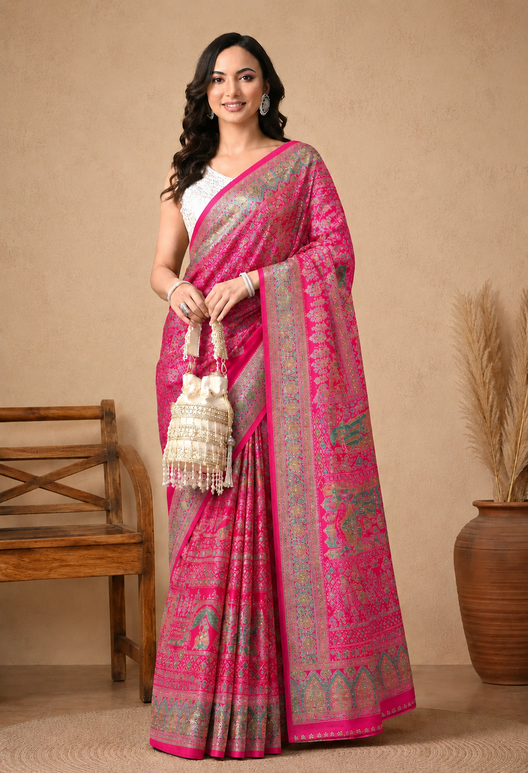 Women Pink Georgette Ethnic Printed Saree with Intricate Embellished Detailing