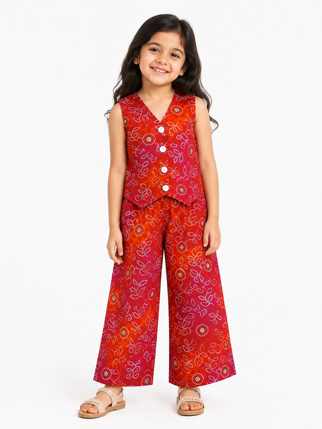 Girls Pure Cotton Bandhani Printed Vest Style Crop Top and Wide-Leg Trousers Co-Ord Set