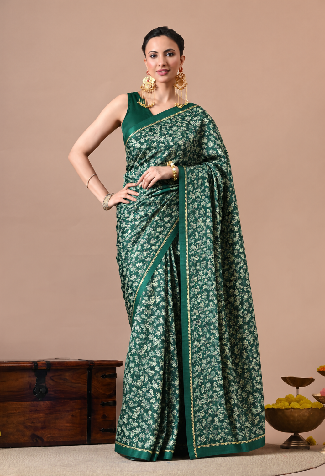 Elegant Bottle Green Chiffon Saree with Intricate Floral Print