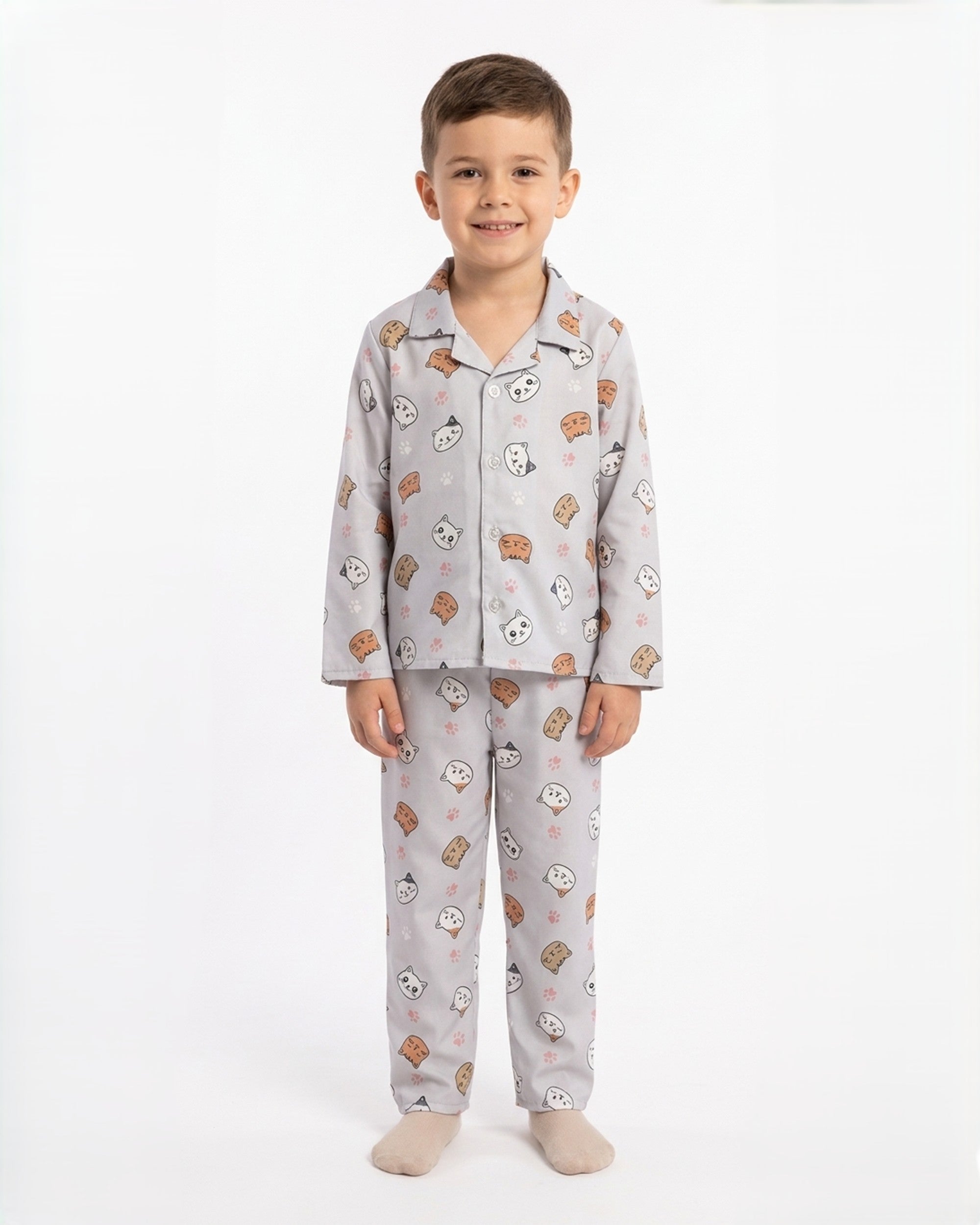Kids Boys Grey & Orange Cat Printed Satin Night Suit