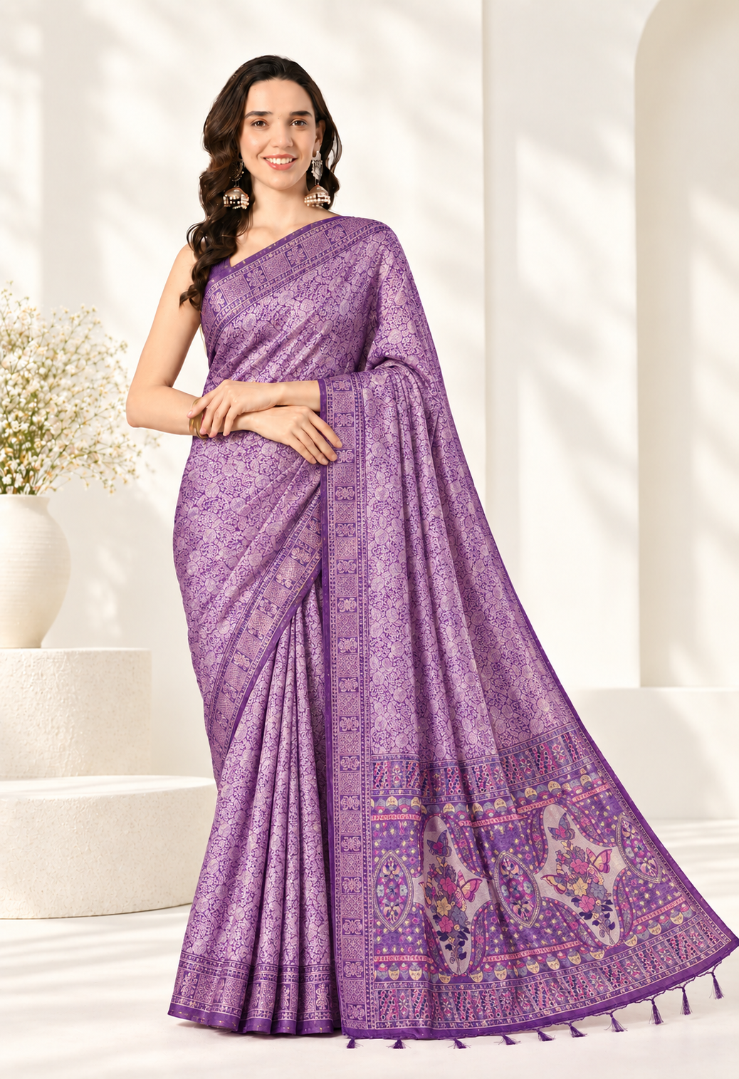 Elegant Purple Silk Blend Saree with Traditional Printed Pallu