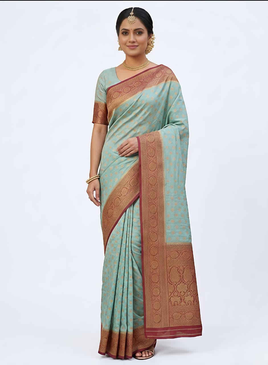 Woven Design Zari Silk Blend Banarasi Saree with Contrast Border