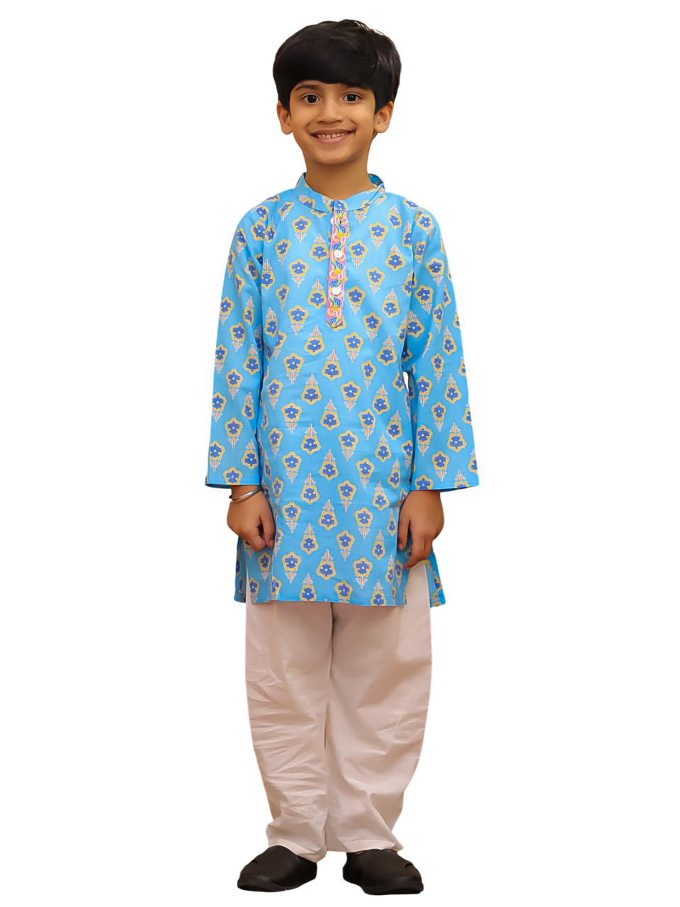Boys' Cotton Floral Print Kurta Pajama Set | Sky Blue Ethnic Wear for Kids | Traditional Festive & Party Wear Outfit
