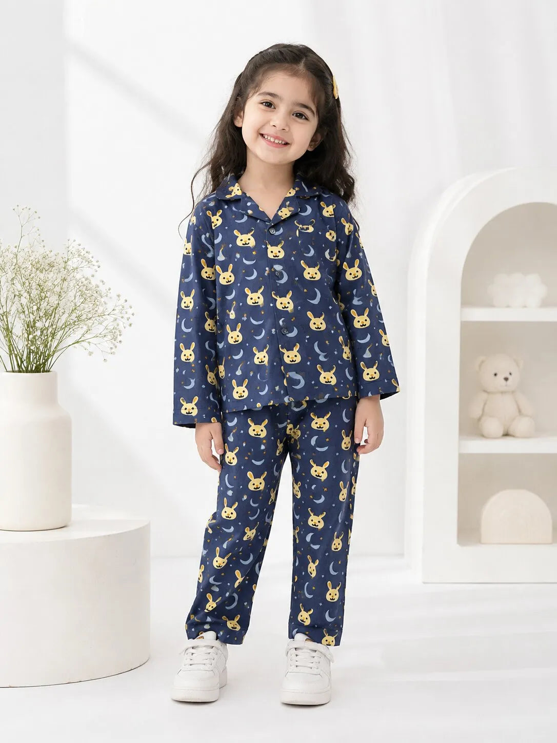 Kids' Pure Cotton Navy Blue Bunny & Moon Print Night Suit