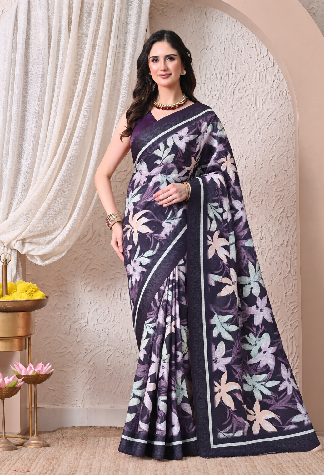 Elegant Purple Chiffon Saree with Floral Print and Designer Border
