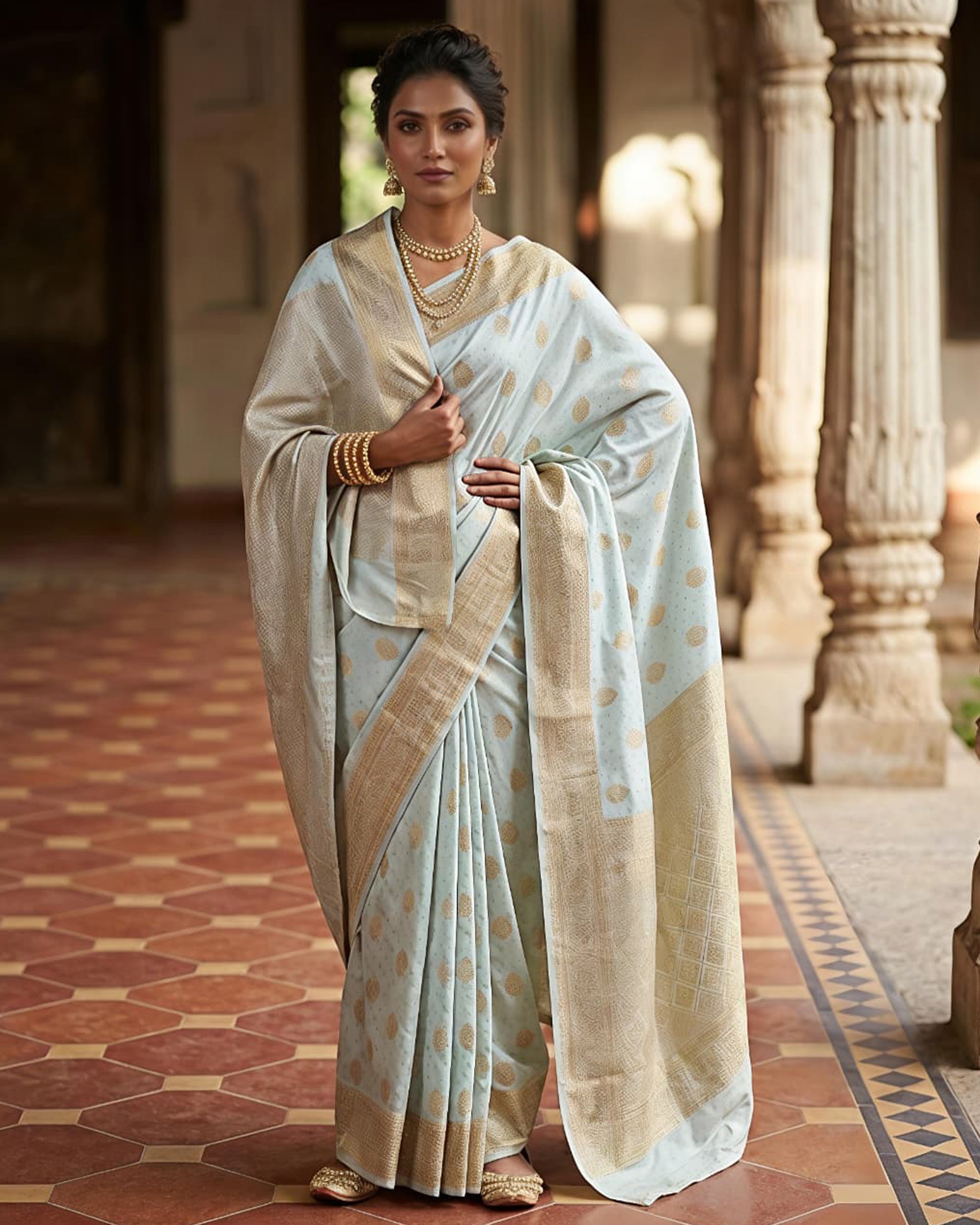 Women Sea Green & Gold-Toned Banarasi Silk-Blend Woven Design Saree