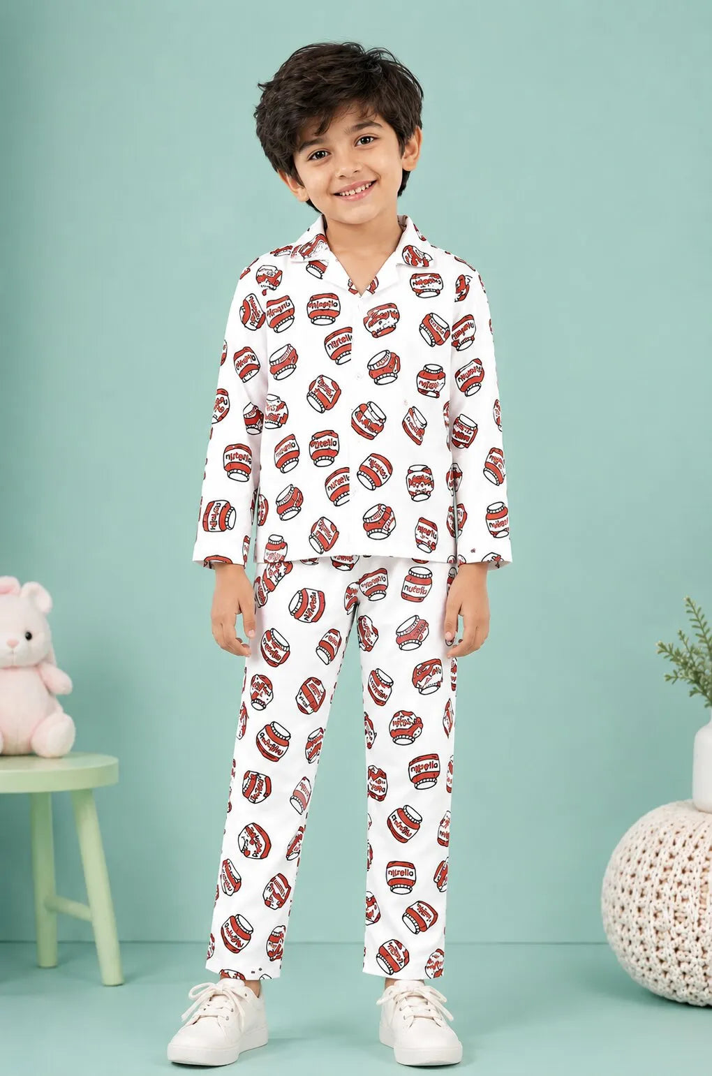 Kids' Satin Nutella Print Night Suit – White & Red