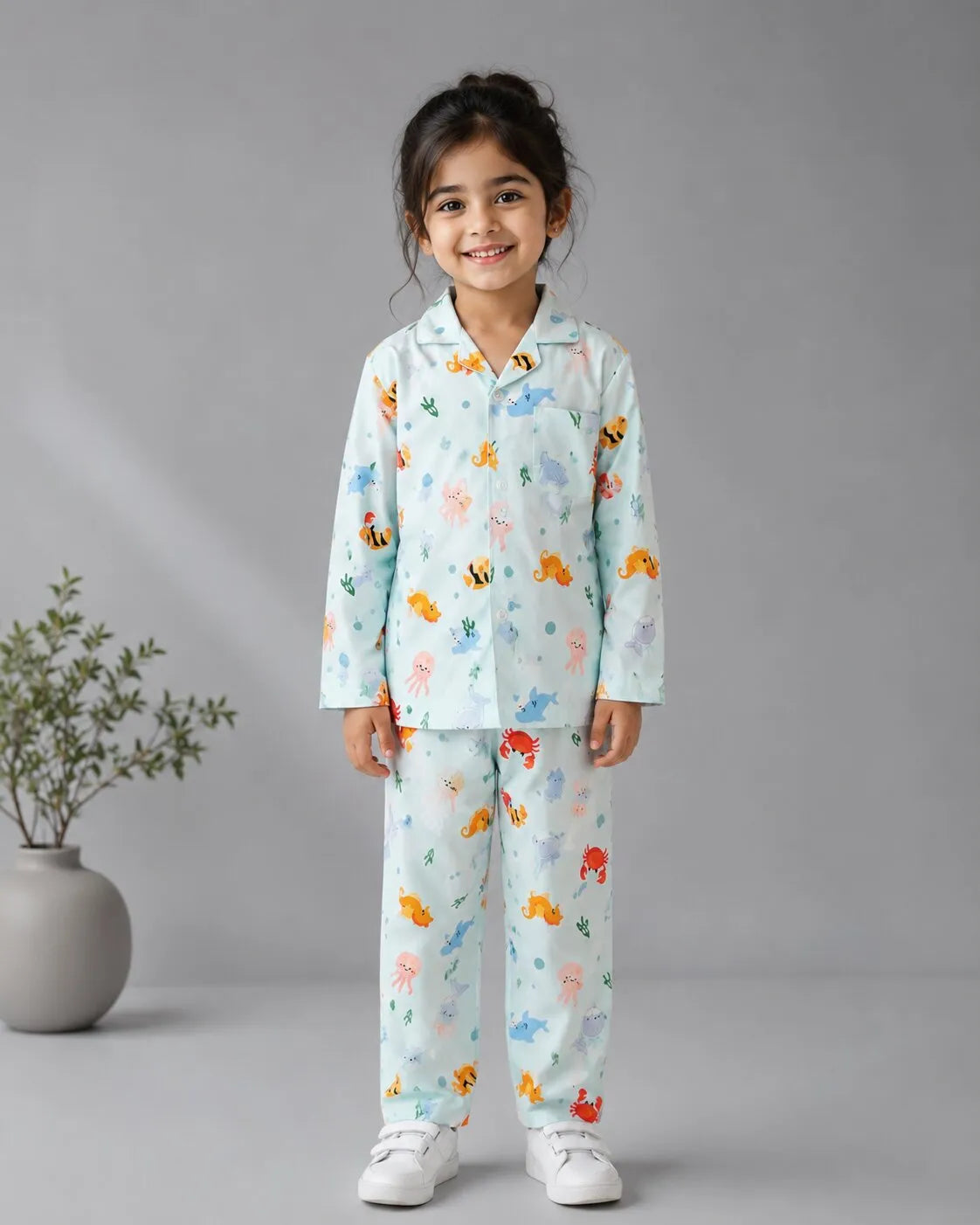 Kids Blue Sea-Life Printed Satin Long-Sleeved Nightsuit