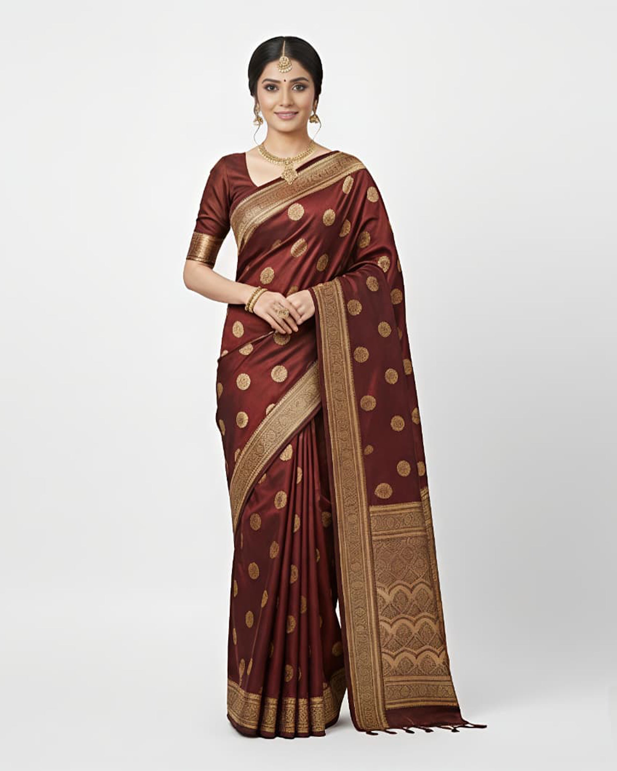Maroon & Gold-Toned Art Silk Kanjeevaram Style Saree with Blouse Piece