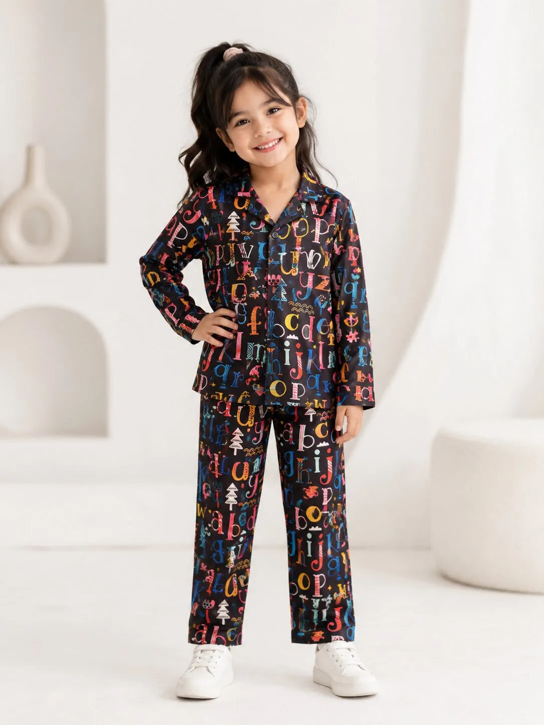 Girls Black & Multicolor Alphabet Print Satin Night Suit