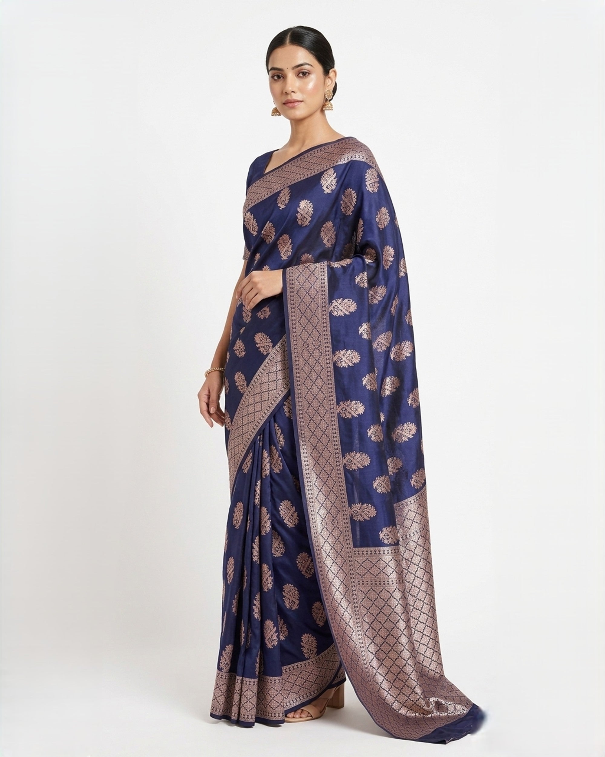 " Navy Blue & Gold-Toned Floral Woven Design Zari Silk Saree "