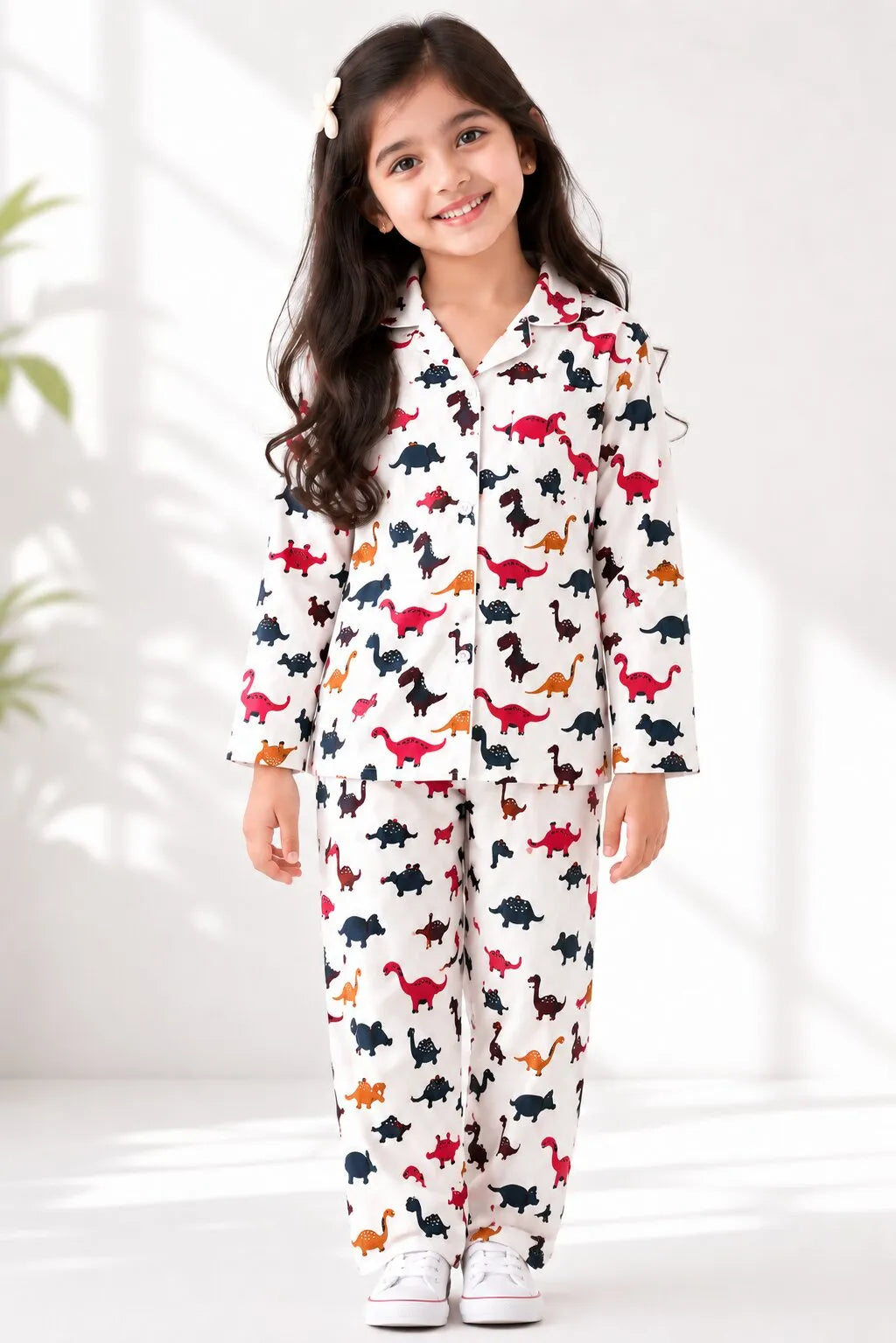 Kids Girls Full Sleeve Collared Pure Cotton Night Suit