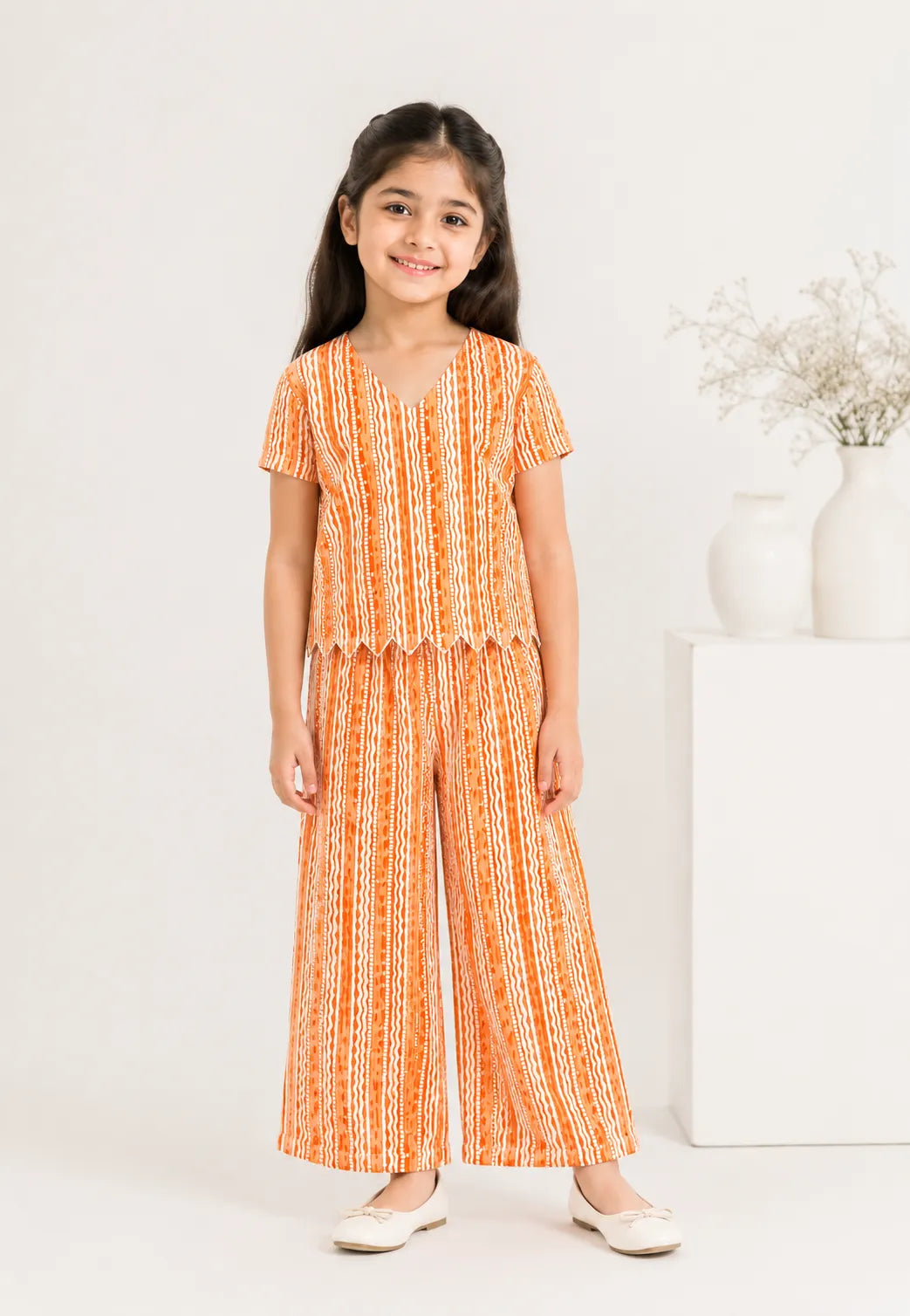 Girls Orange Vertical Printed Co-ord Set  Scallop Hem V-Neck Top & Wide-Leg Trousers