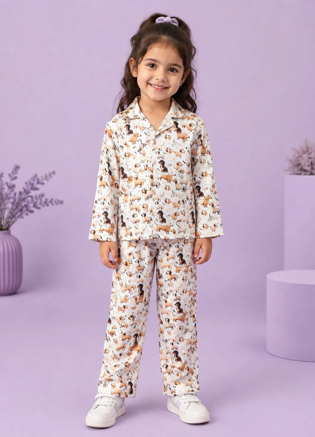 Girls Satin Dog Print Night Suit Set – Cream