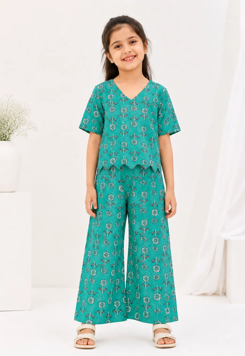 Girls Teal Green Floral Printed Co-ord Set - Scallop Hem V-Neck Top & Wide-Leg Trousers