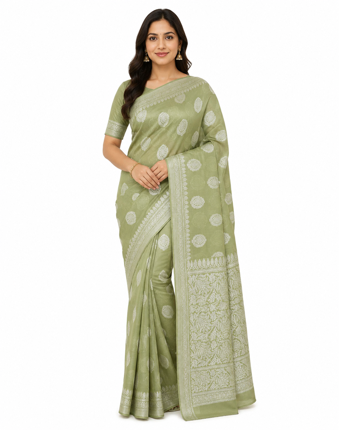 Olive Green & Silver-Toned Polka Dot Woven Design Banarasi Saree with Unstitched Blouse