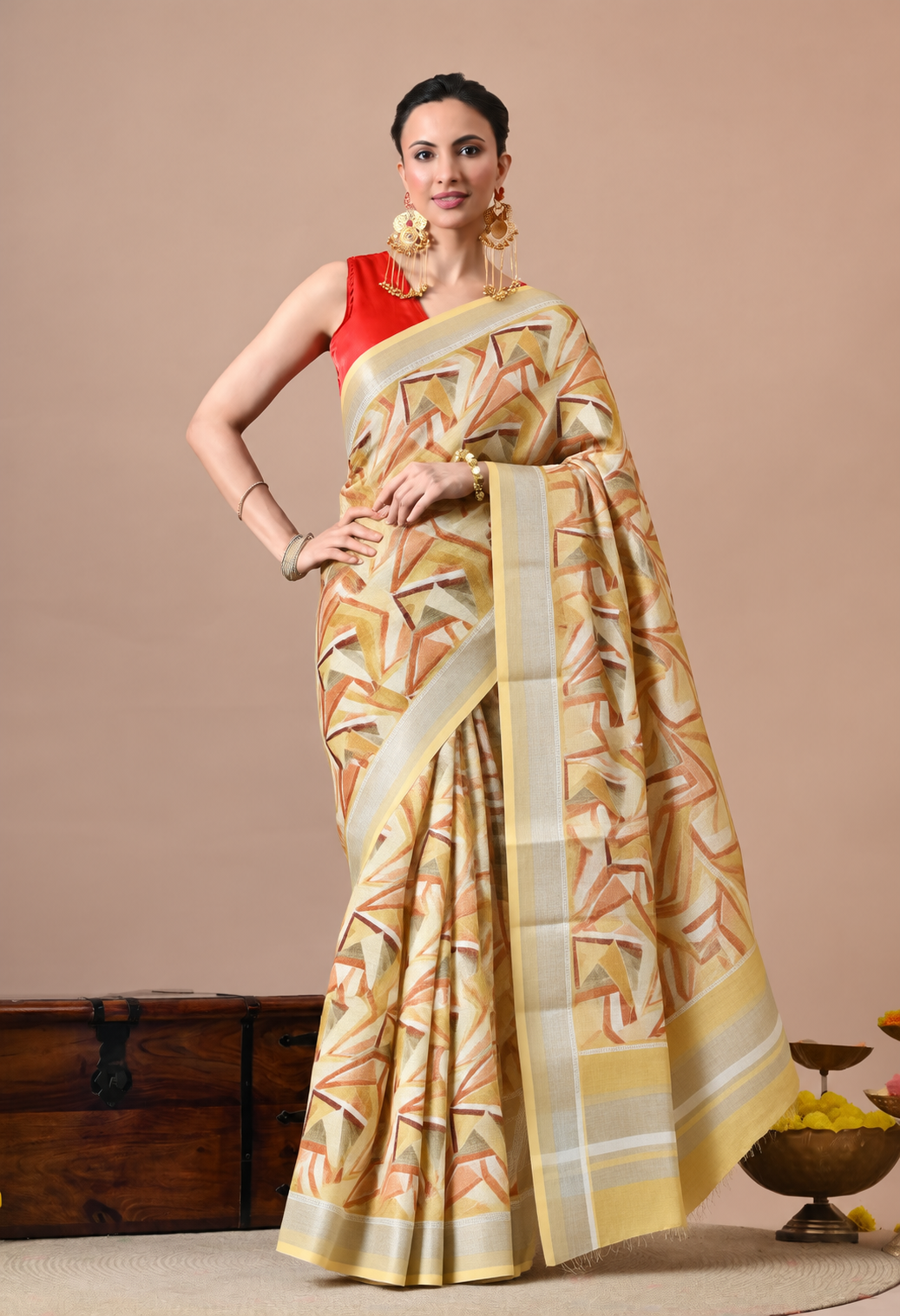 Elegant Cream Cotton Saree with Abstract Printed Design and Golden Border