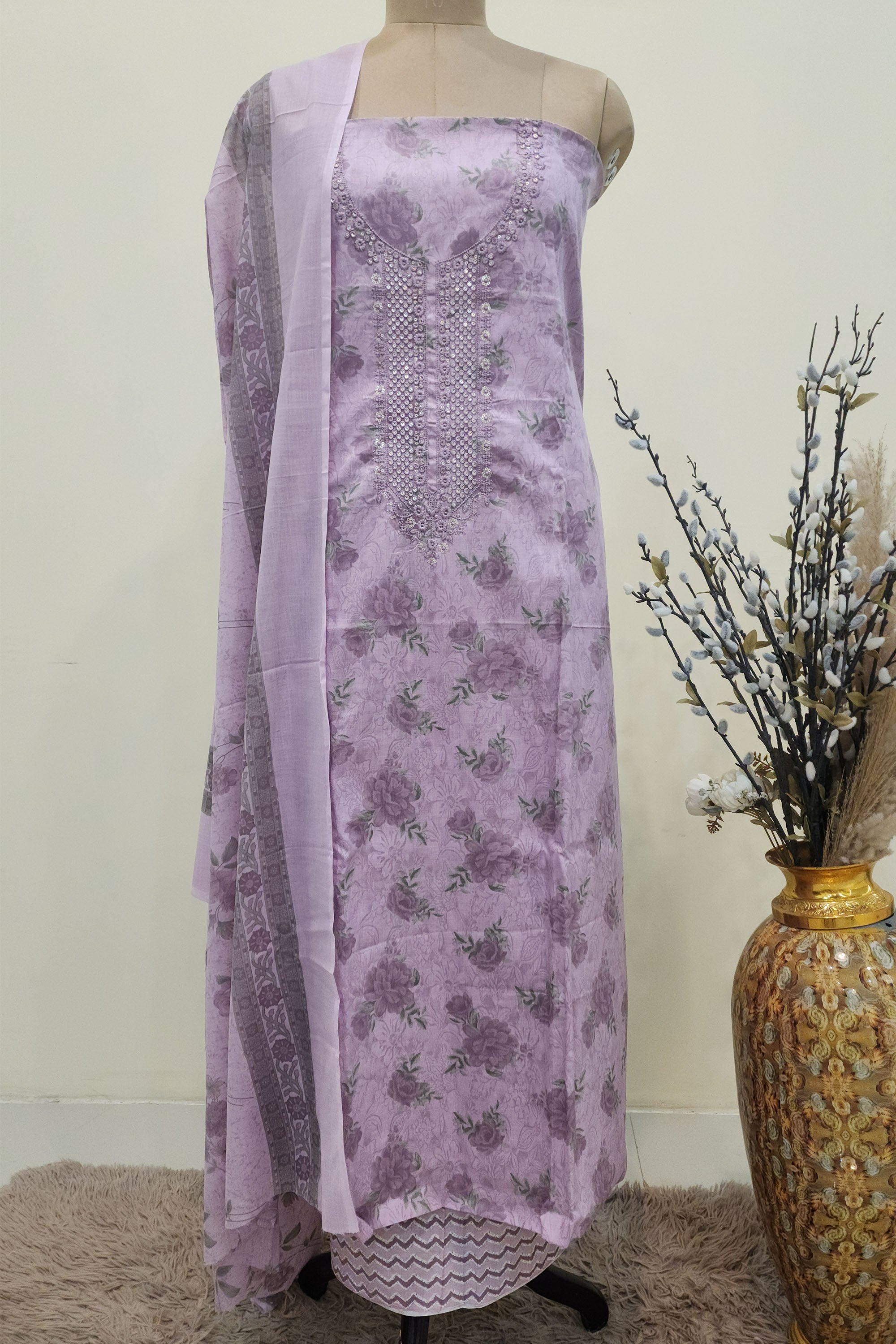 Women's Pure Cotton Lavender Floral Print Unstitched Suit Set