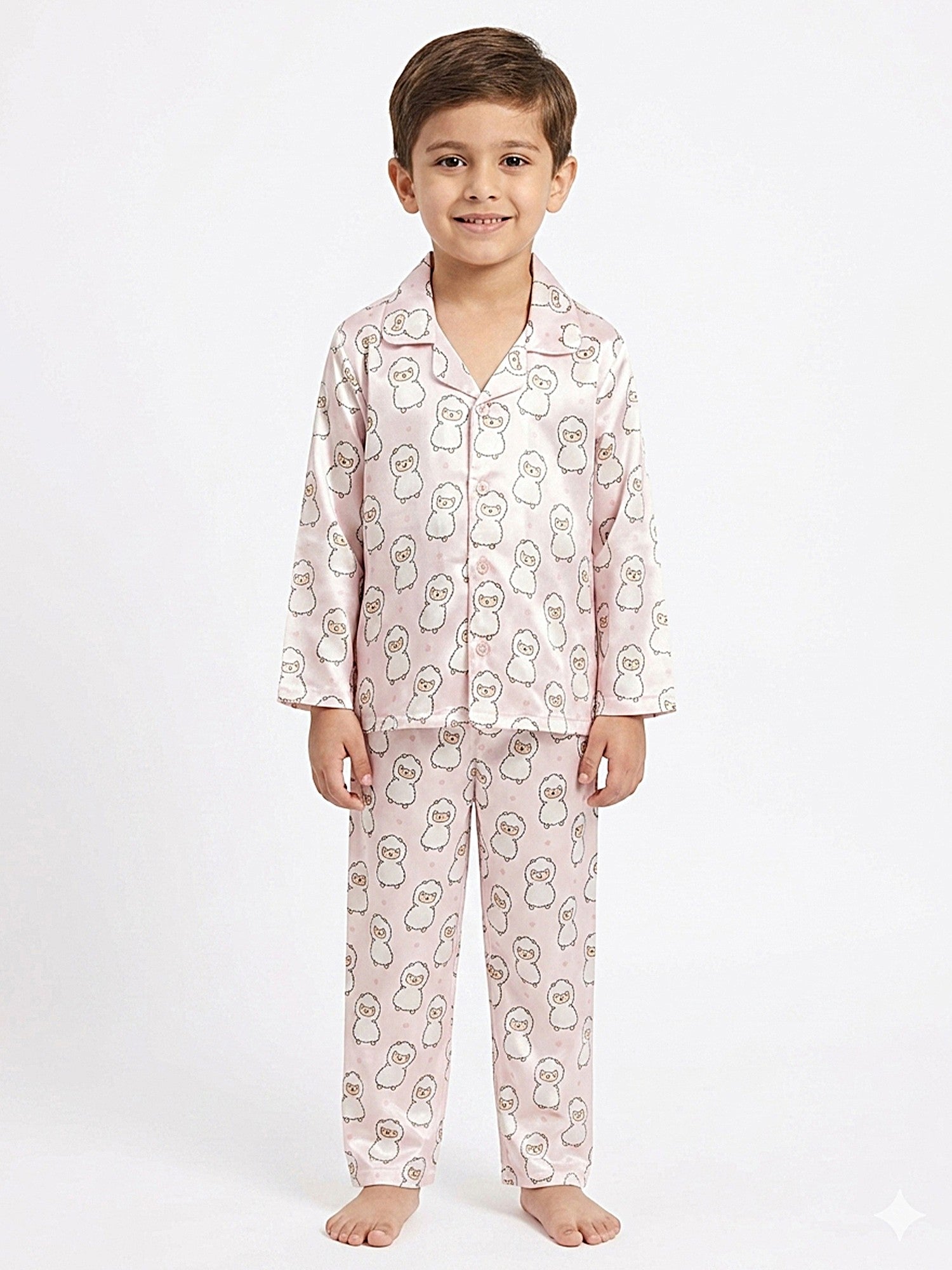 Boys Pink & White Cartoon Print Satin Night Suit Set