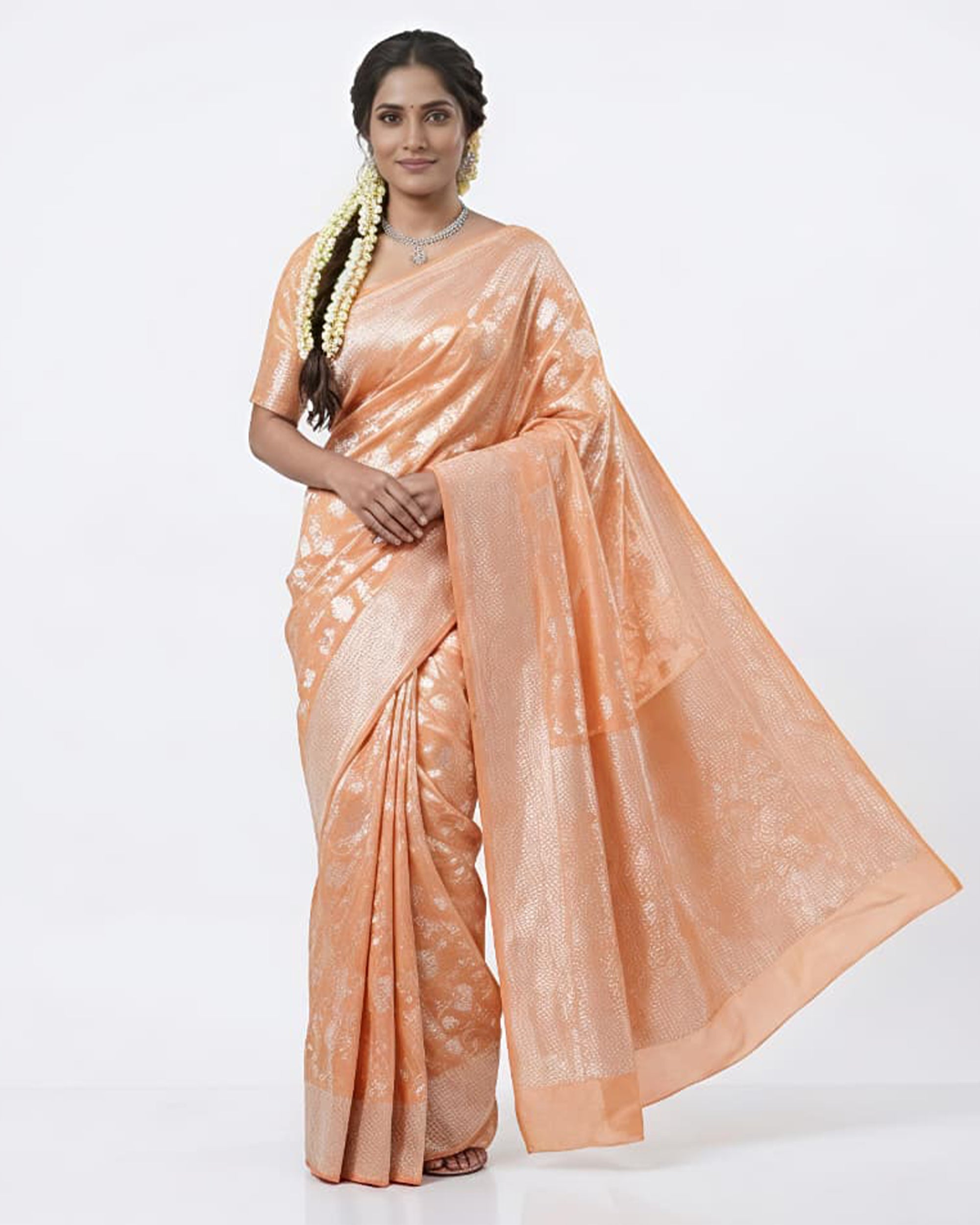 Peach & Silver-Toned Silk Blend Woven Design Banarasi Saree