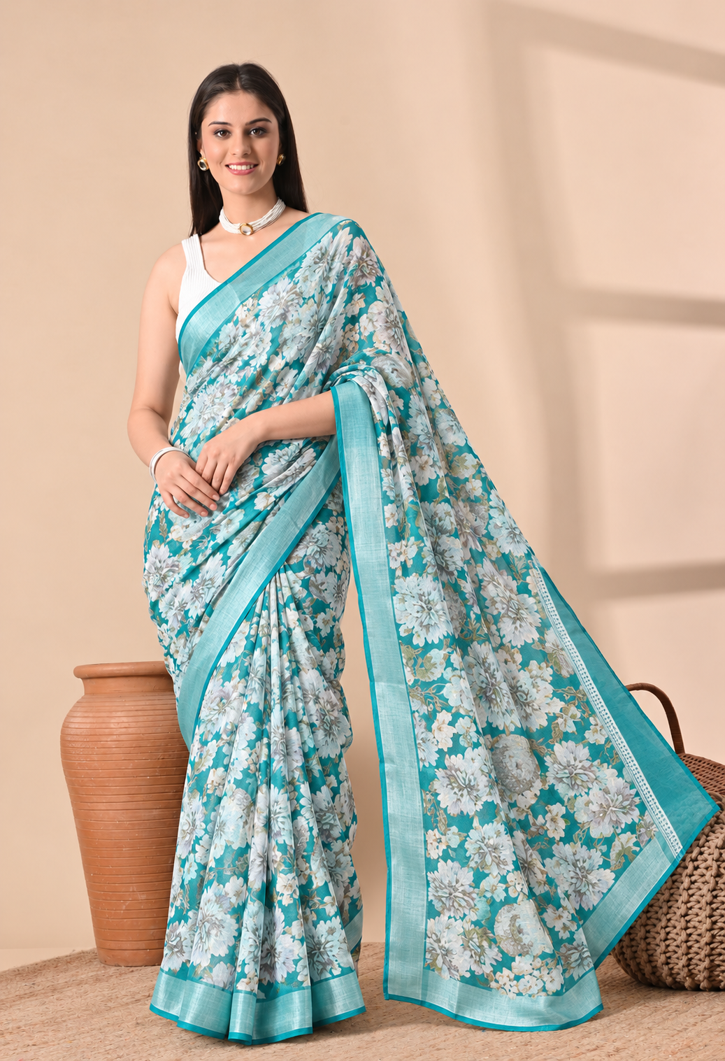 Elegant Green Cotton Saree with Floral Print
