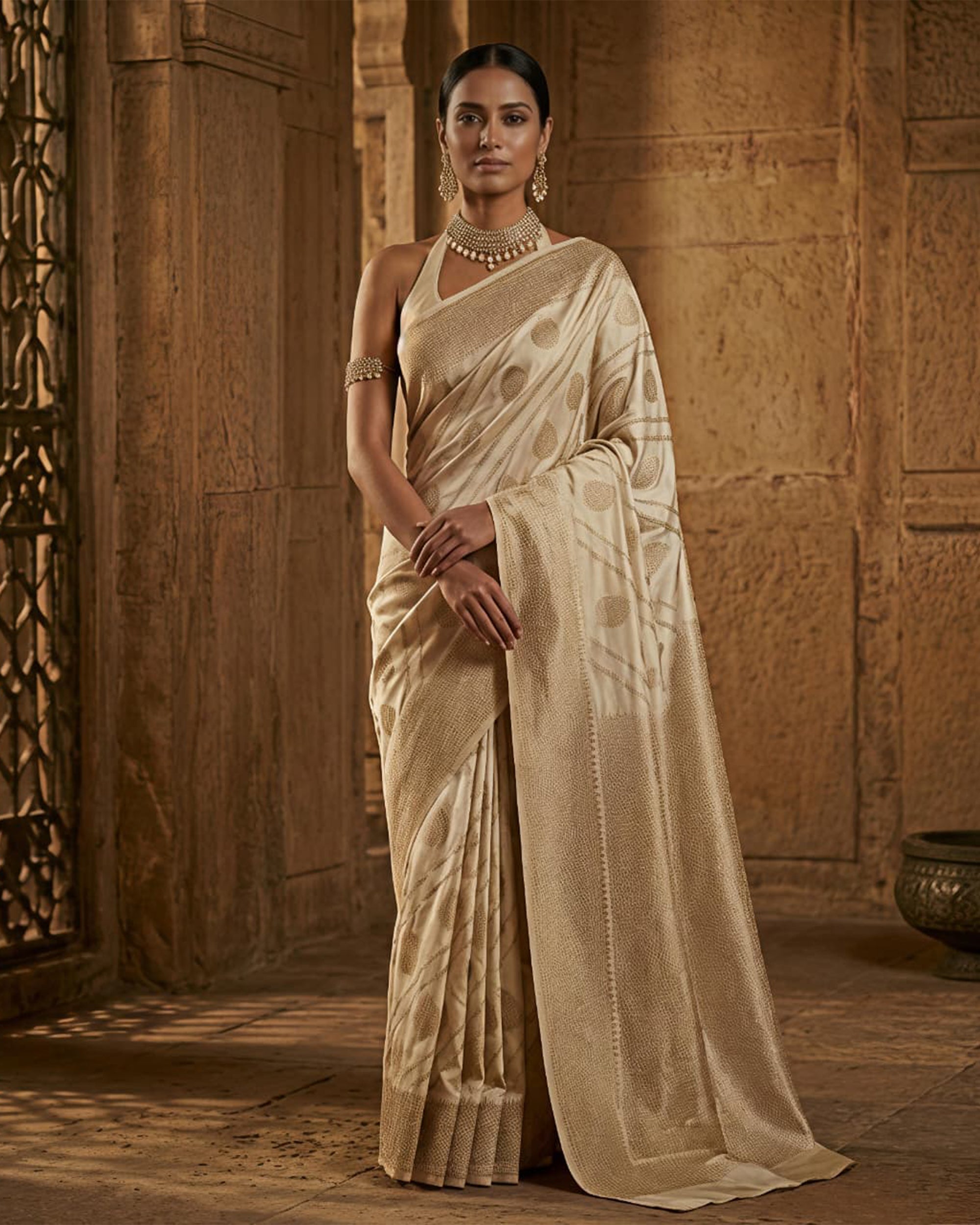 Beige & Gold-Toned Woven Design Silk Blend Banarasi Saree