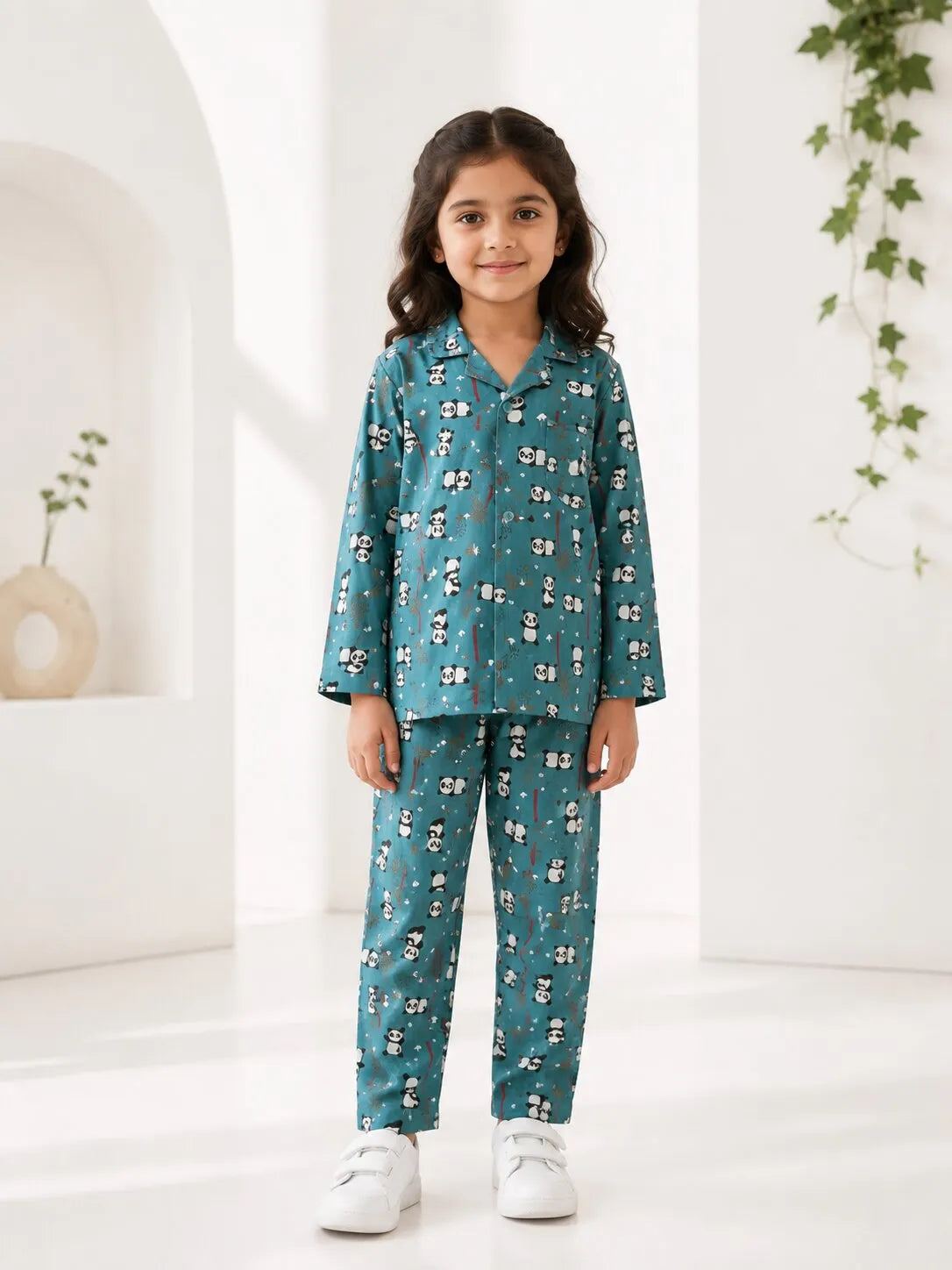 Girls Blue Panda Printed Satin Night Suit