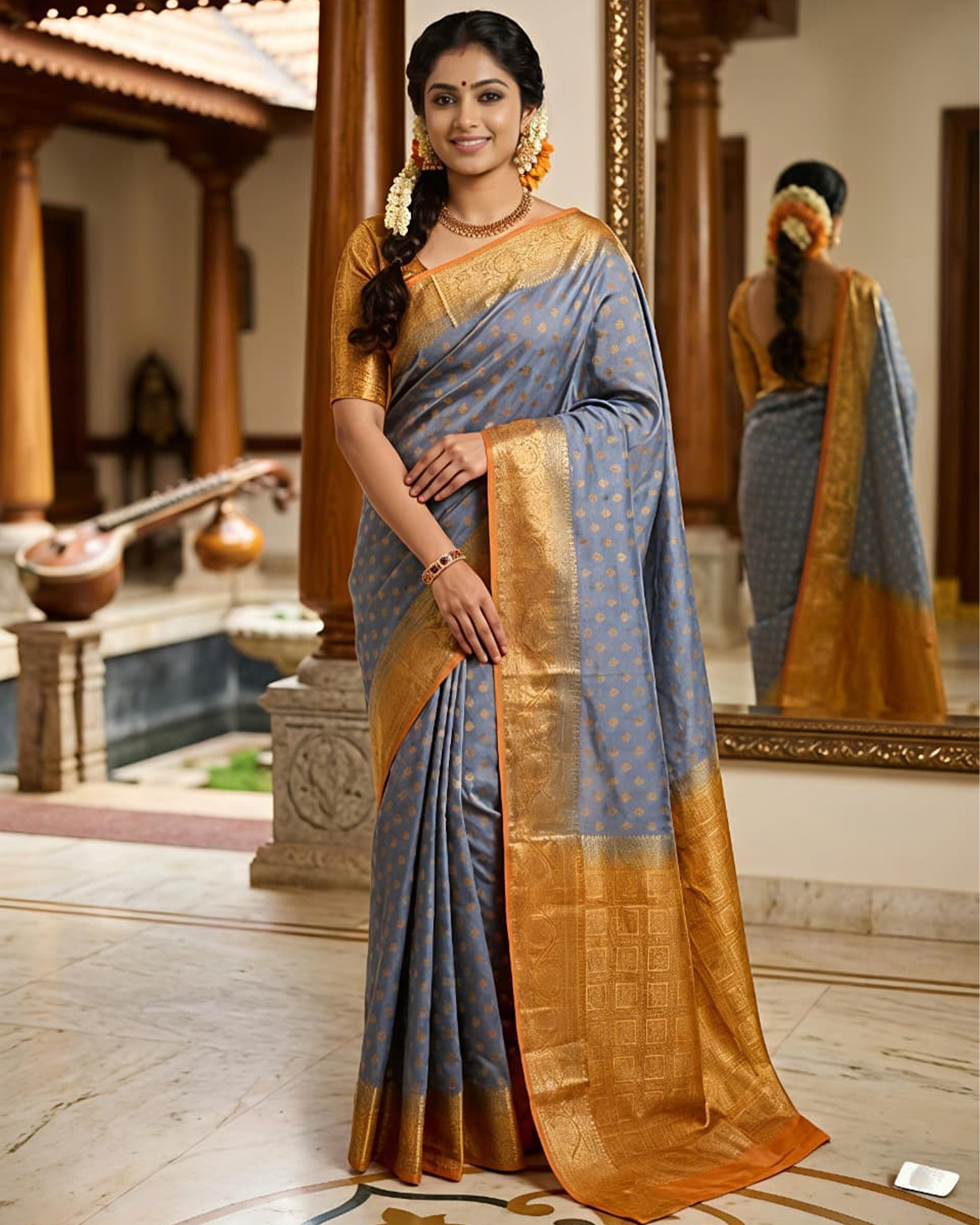 Steel Blue & Gold-Toned Silk Blend Kanjeevaram Style Saree