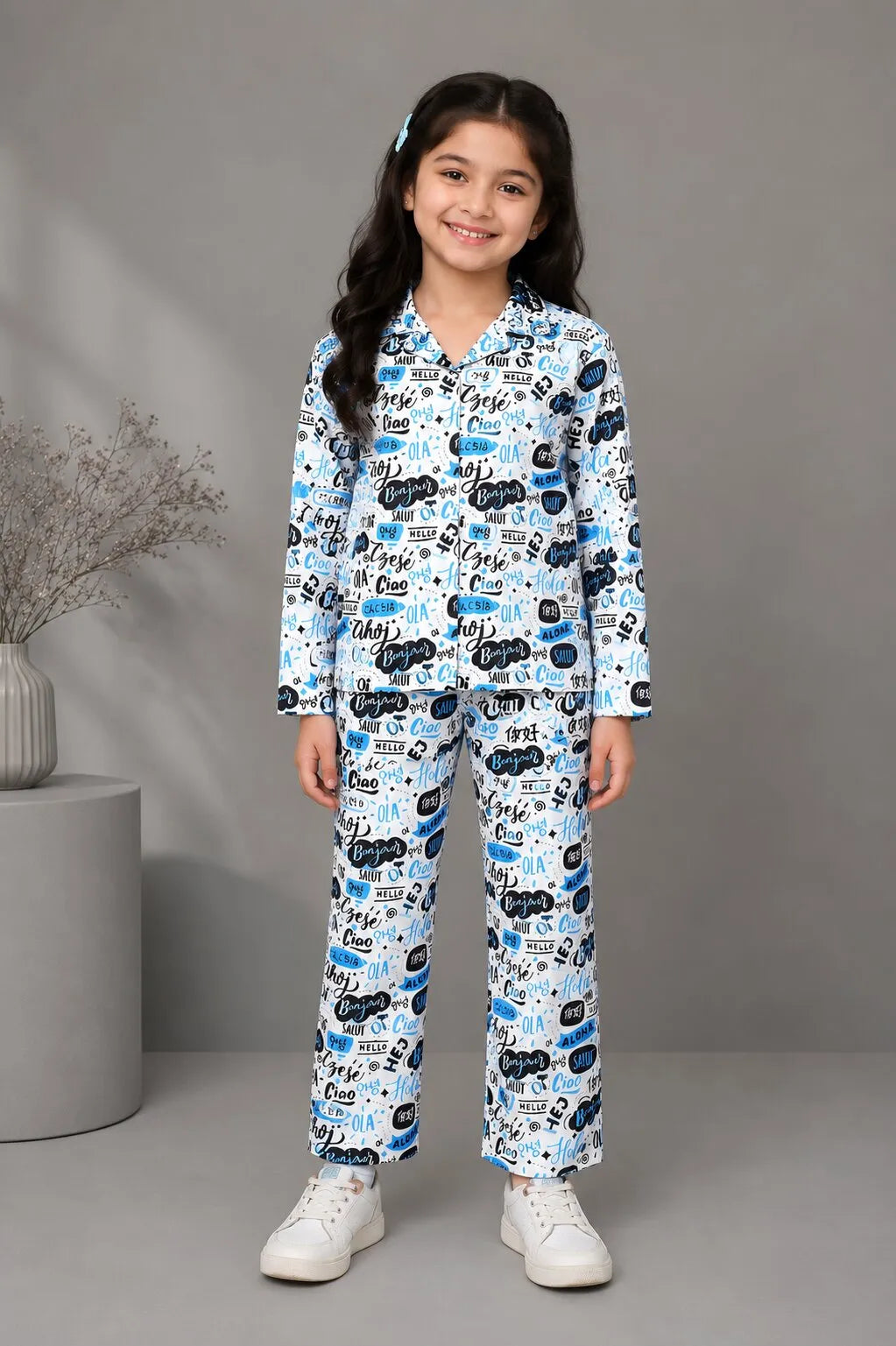 Girls Satin "Hello" Multilingual Print Night Suit