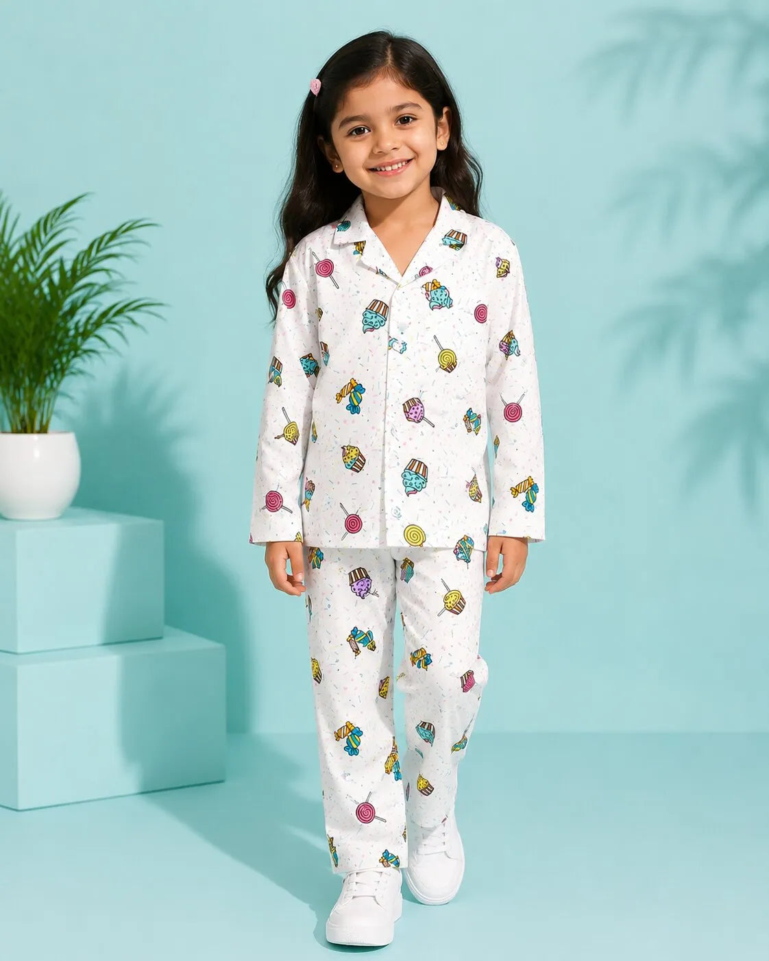 Kids White & Multi-Coloured Printed Satin Night Suit