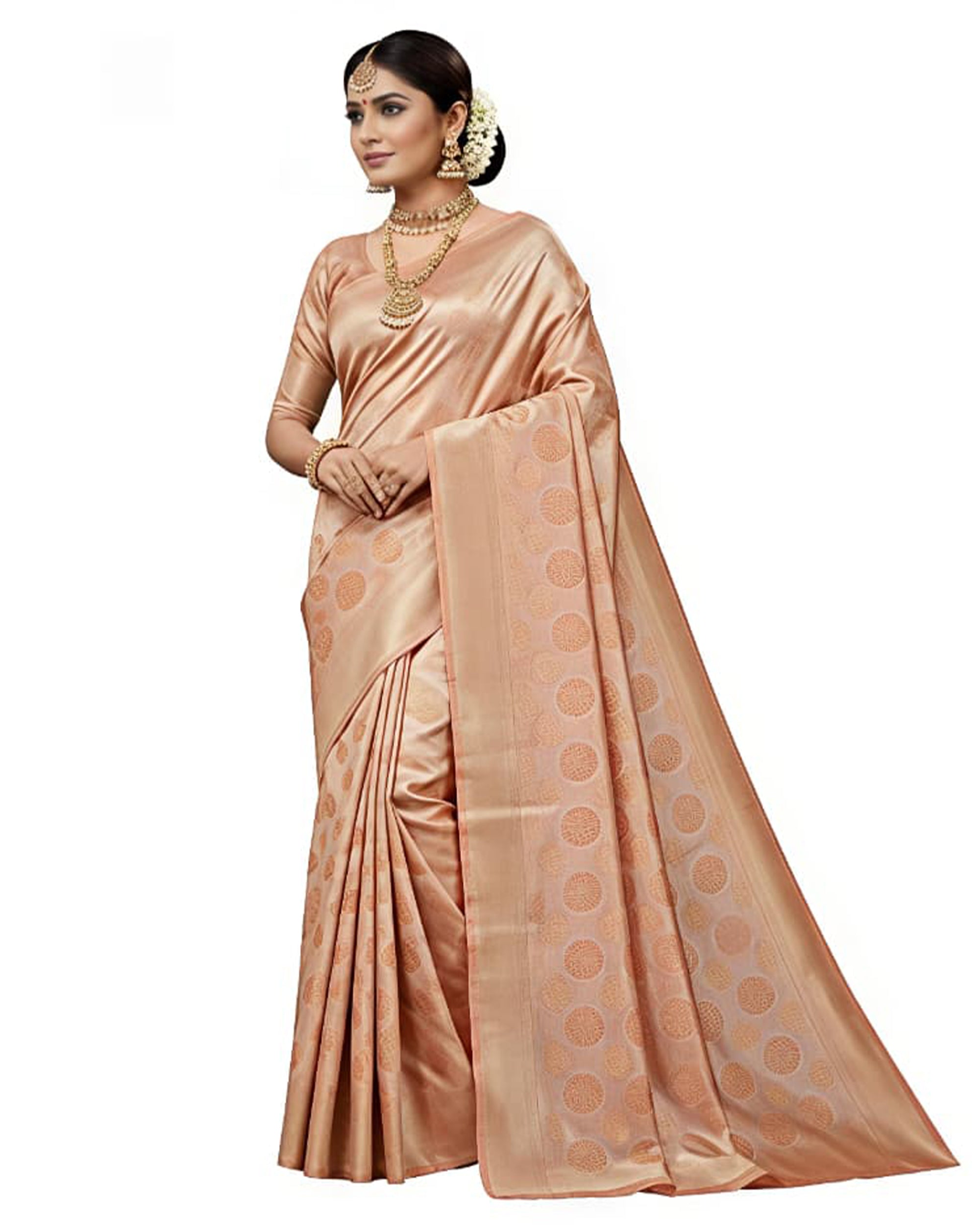 Peach-Coloured & Gold-Toned Art Silk Woven Design Kanjeevaram Saree