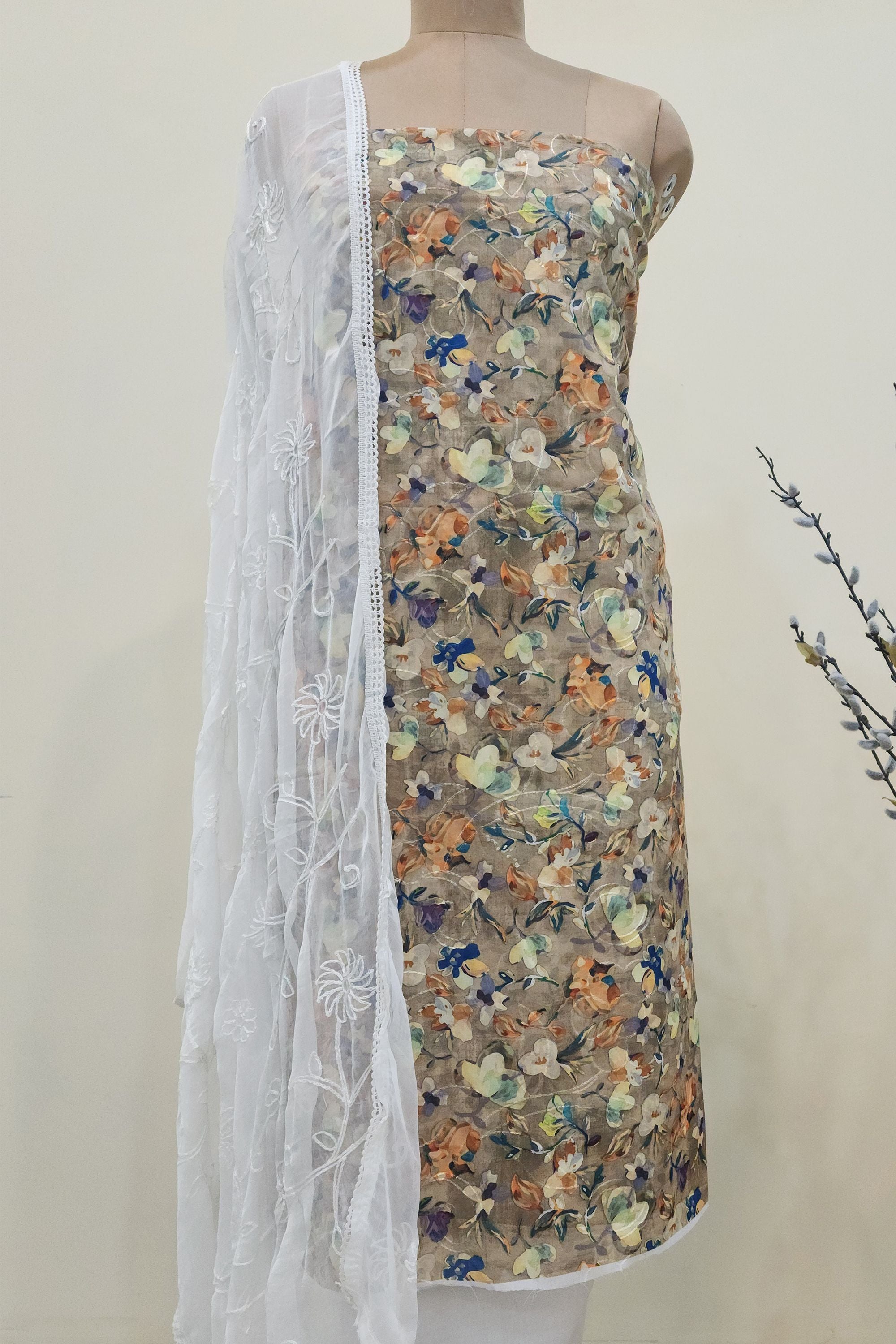Women's Earthy Beige Floral Printed Cotton Unstitched Suit Set with Embroidered White Net Dupatta