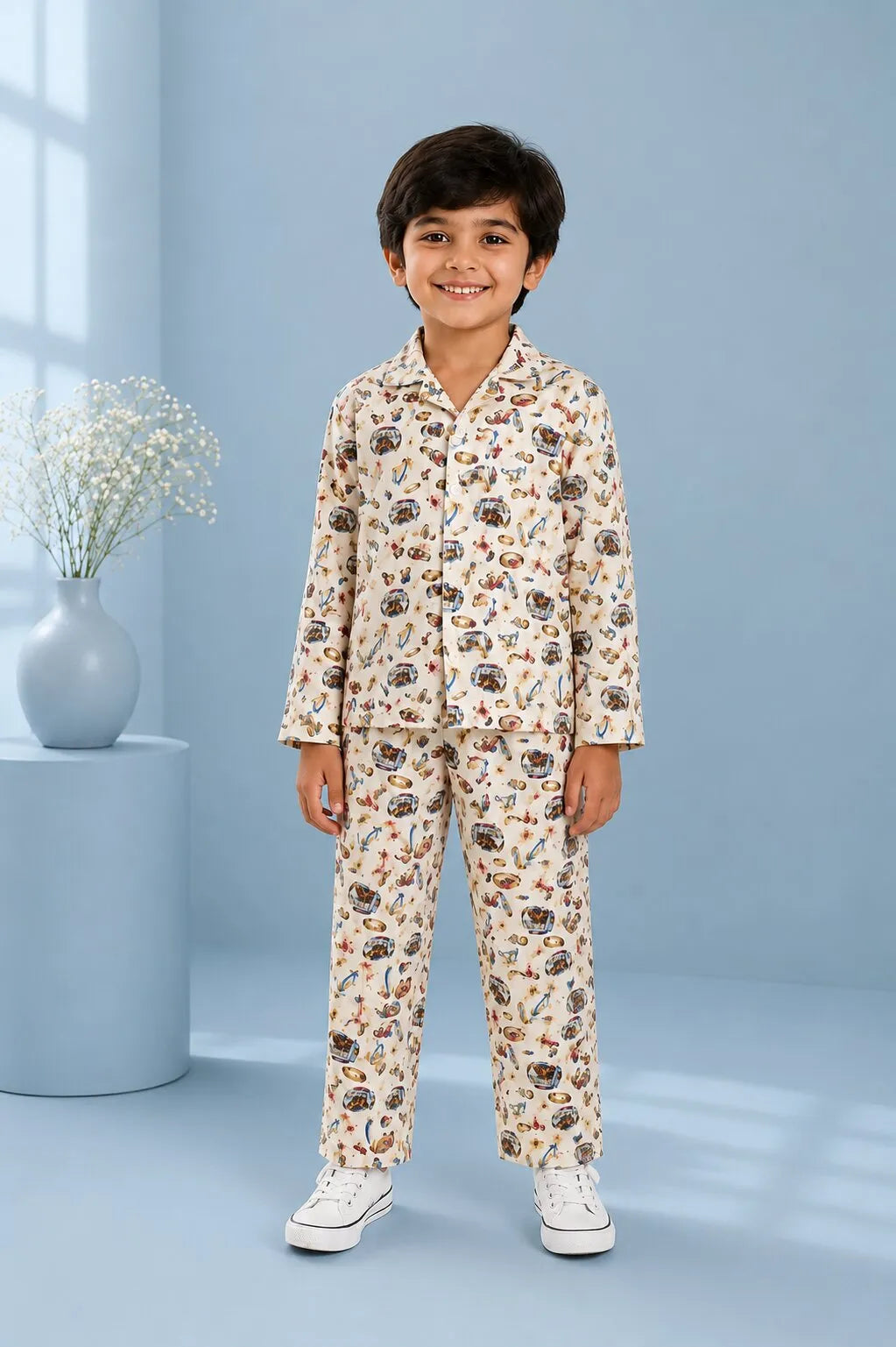 Tropical Surf & Camper Print Cotton Night Suit