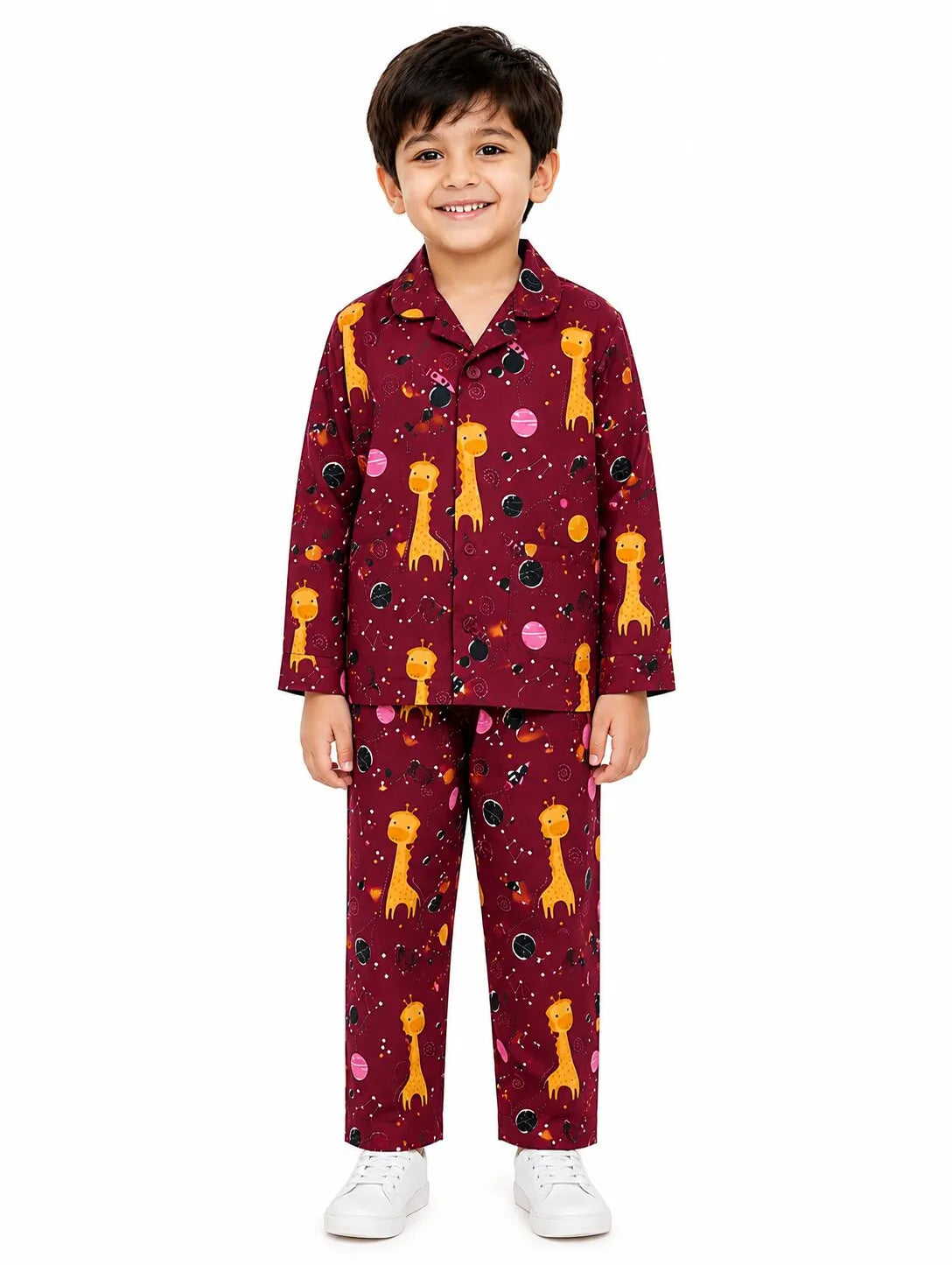 Kids Boys Maroon & Yellow Printed Pure Cotton Night Suit