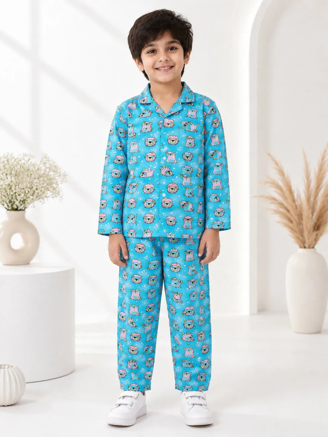Boys Light Blue & Pink Pug Printed Pure Cotton Night Suit