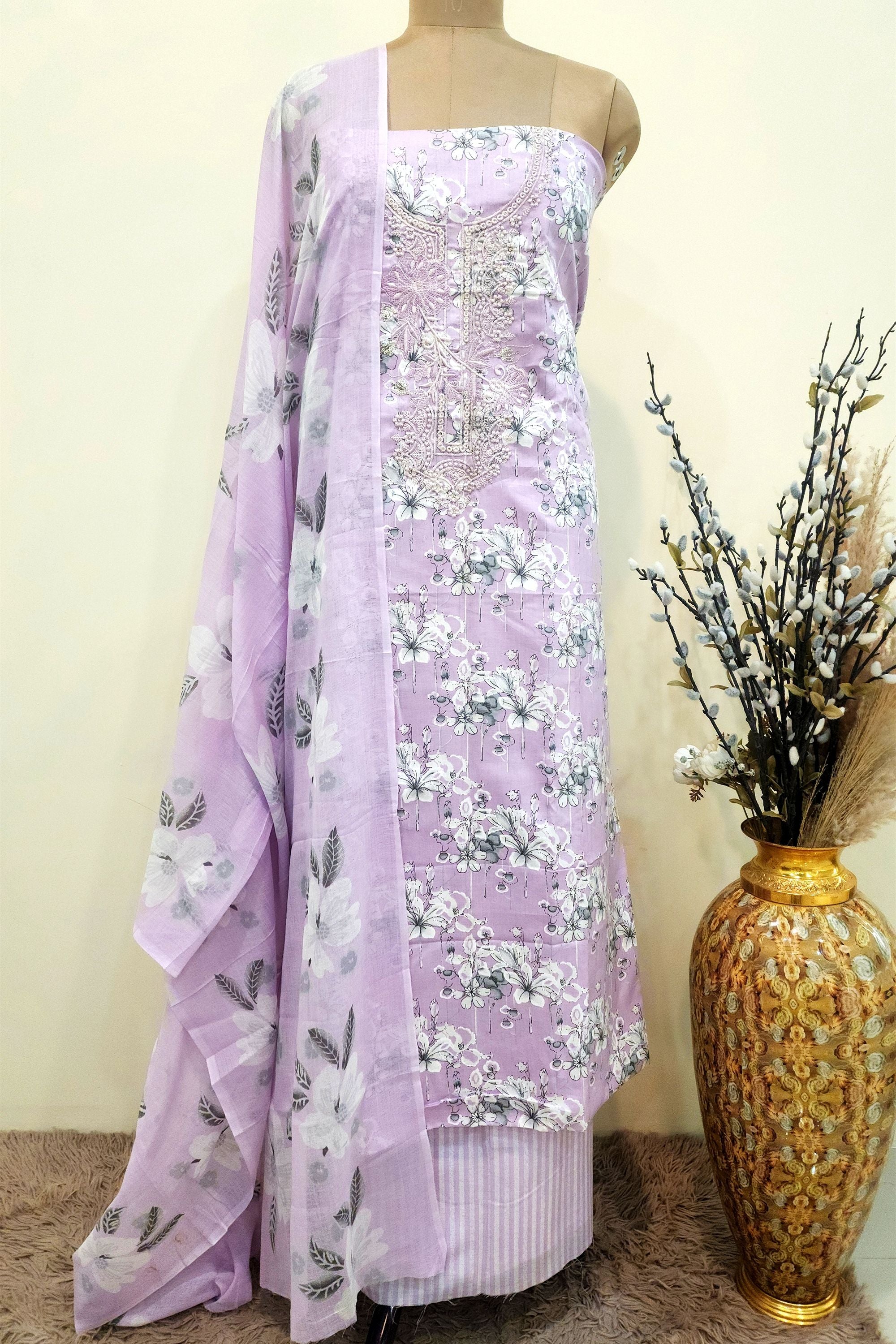 Women's Lavender Floral Printed Pure Cotton Unstitched Suit Set
