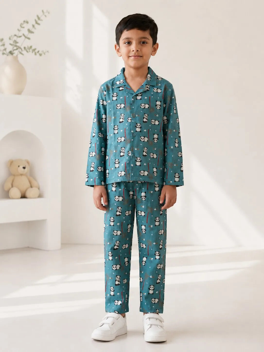 Kids Boys Blue Panda Printed Satin Night Suit