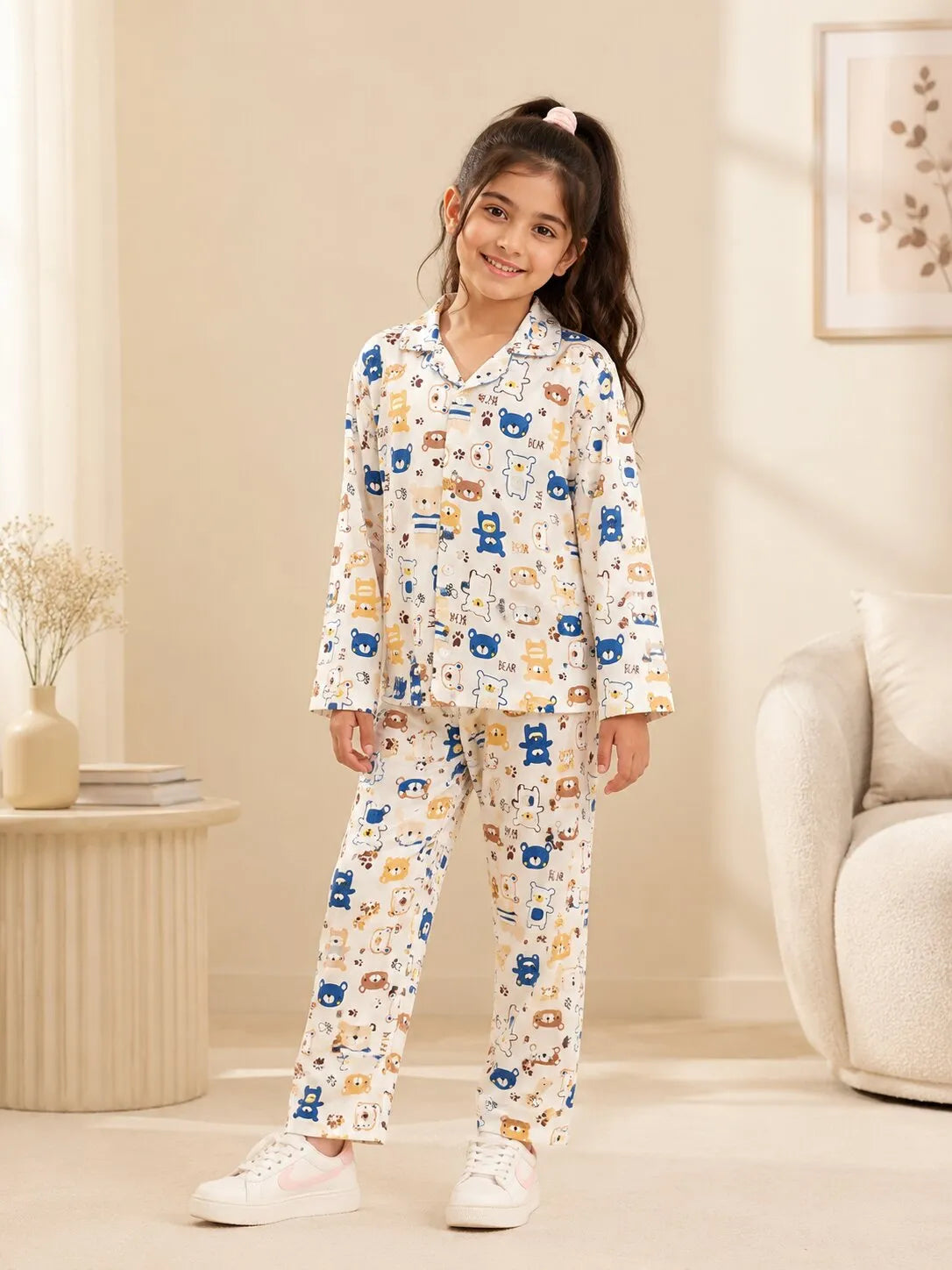 Girls Bear Print Luxury Satin Night Suit – Full Sleeve Shirt & Pajama Sleepwear Set
