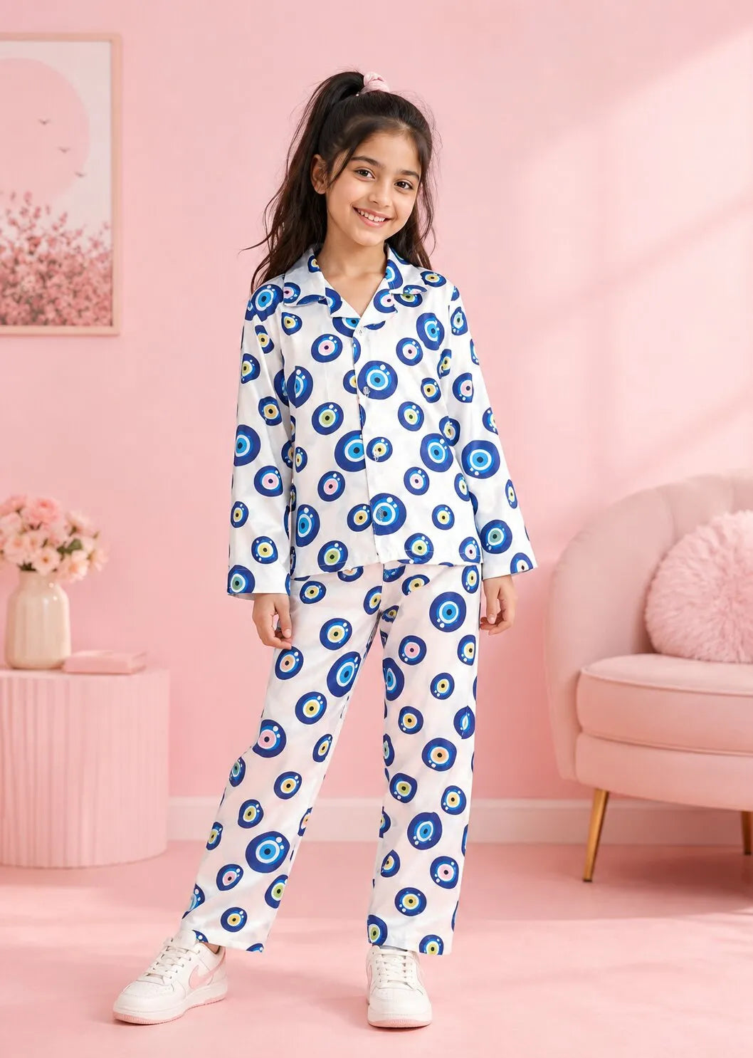 Girls' Evil Eye Printed Premium Satin Night Suit – Full Sleeve Shirt & Pajama Se
