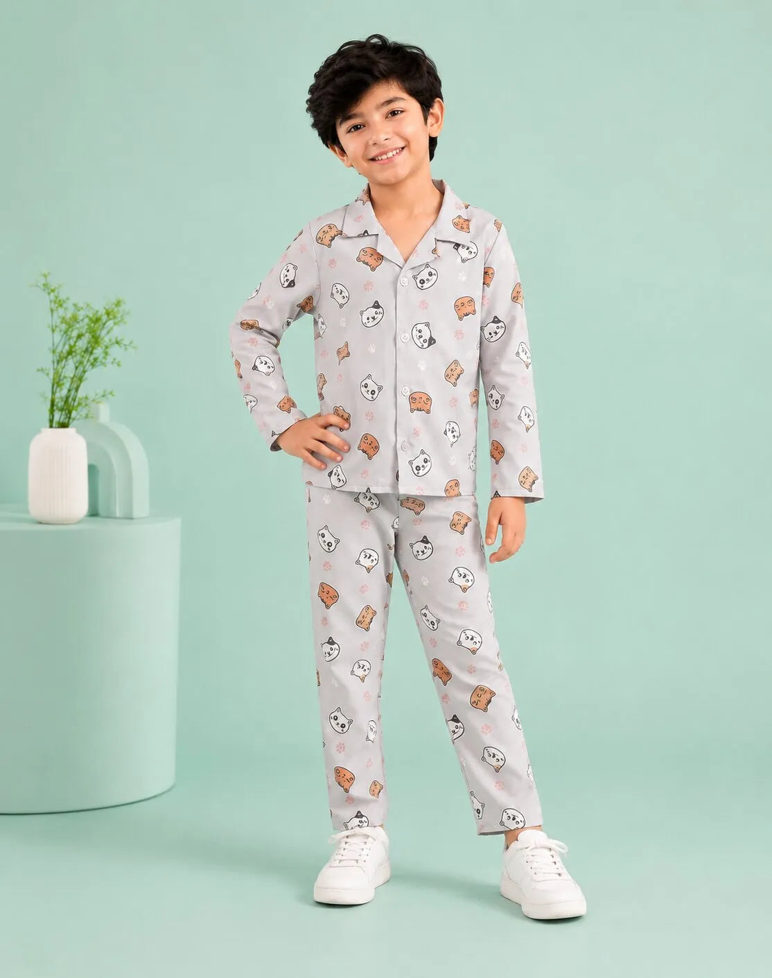 Kids Boys Grey & Orange Cat Printed Satin Night Suit