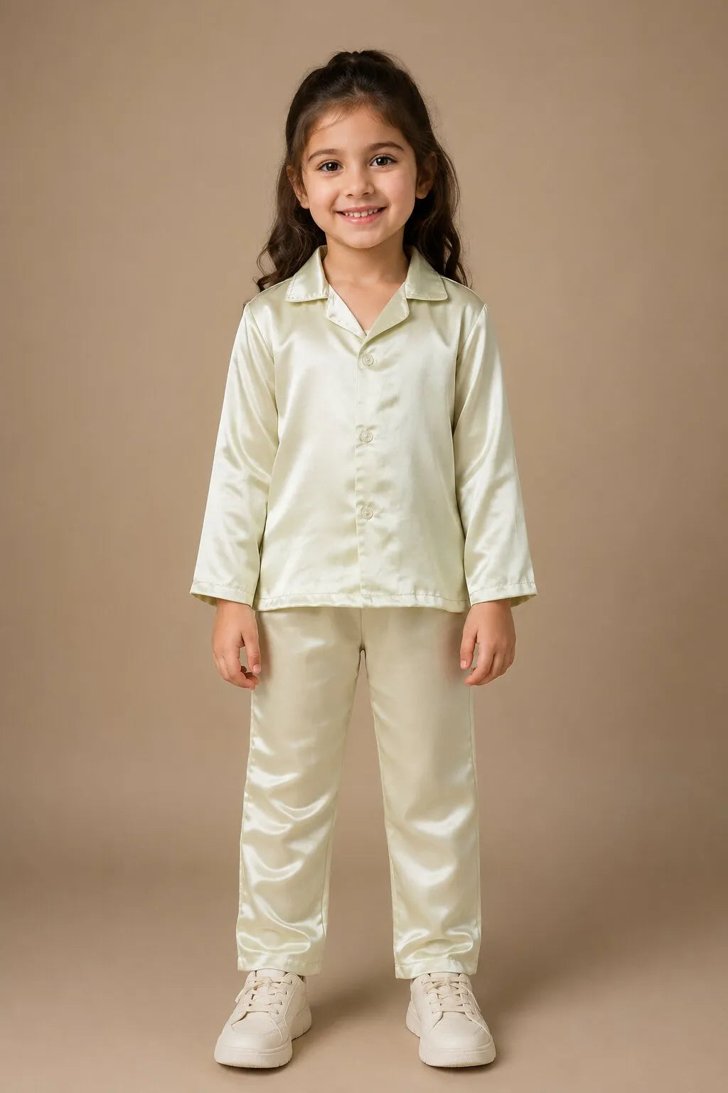 Girls Luxurious Solid Satin Night Suit – Comfortable Full-Sleeve Button-Down Shirt & Pyjama Set