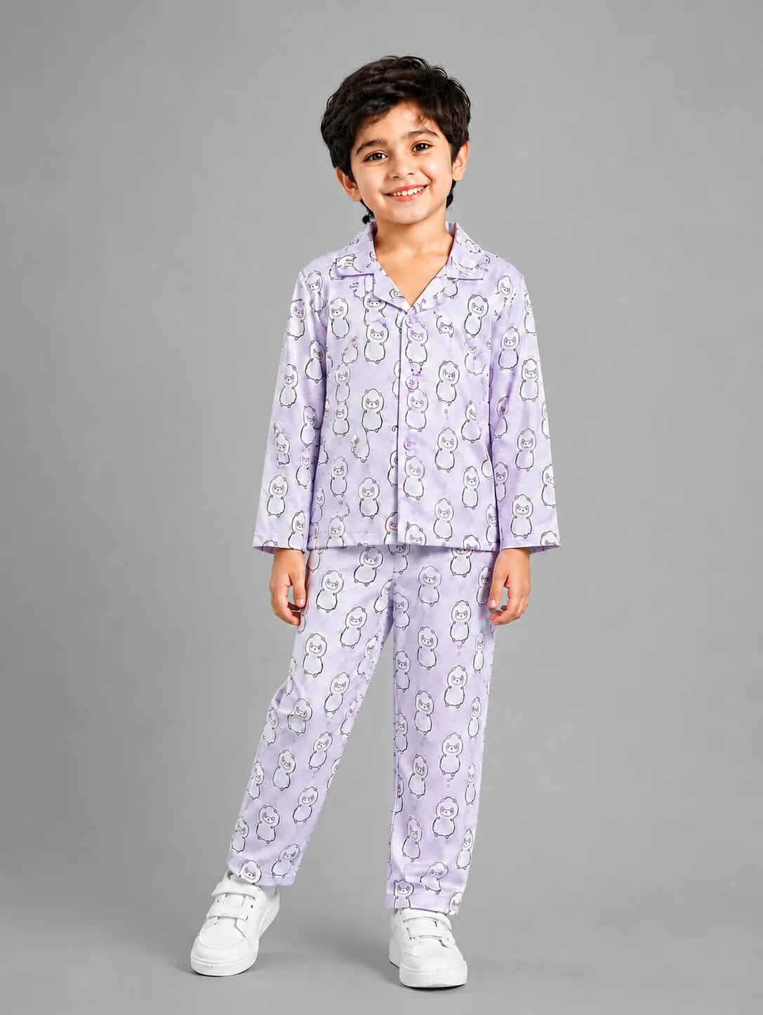 Boys Pink & White Cartoon Print Satin Night Suit Set