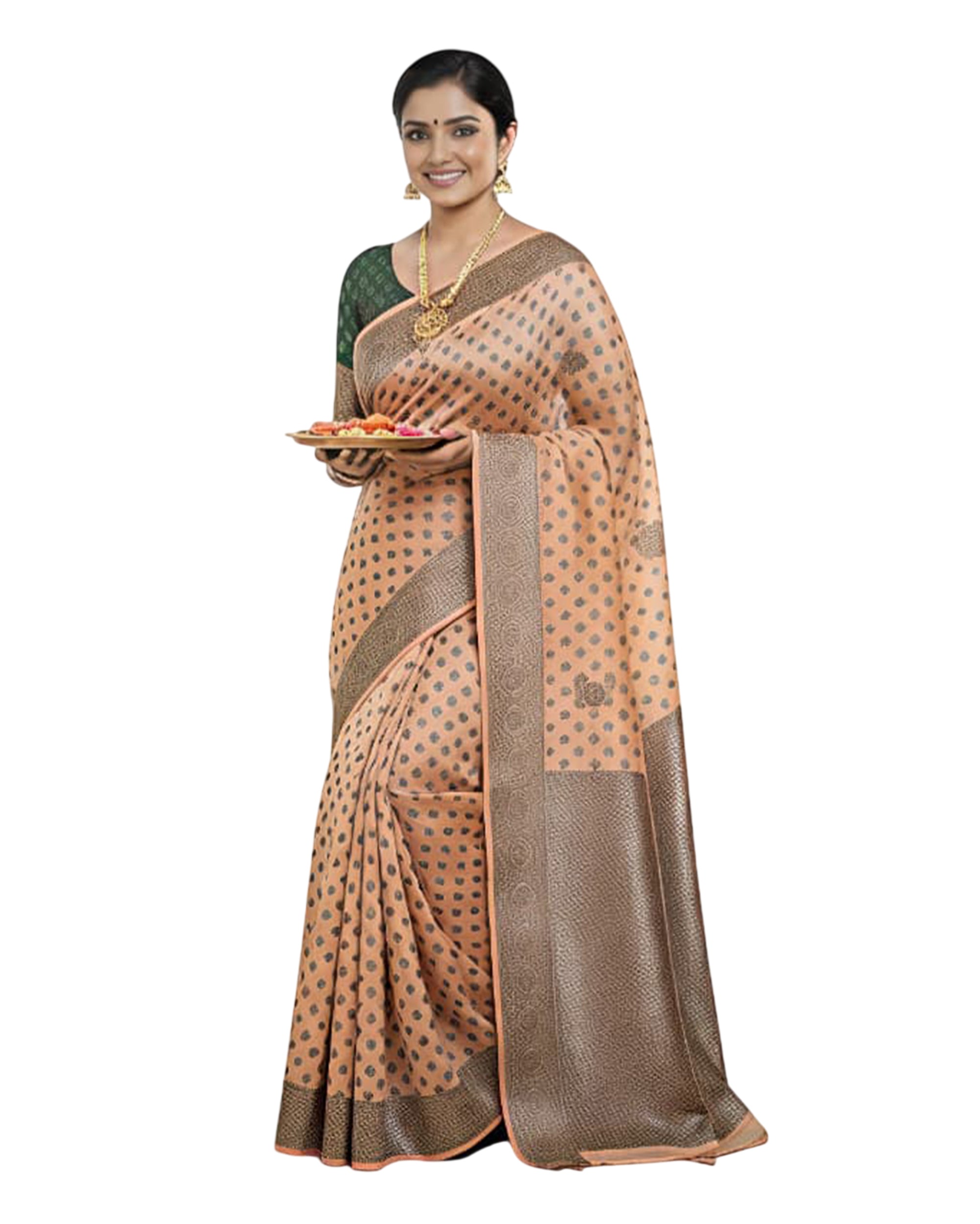 Women Peach & Bronze-Toned Zari Silk Blend Banarasi Saree with Unstitched Blouse Piece