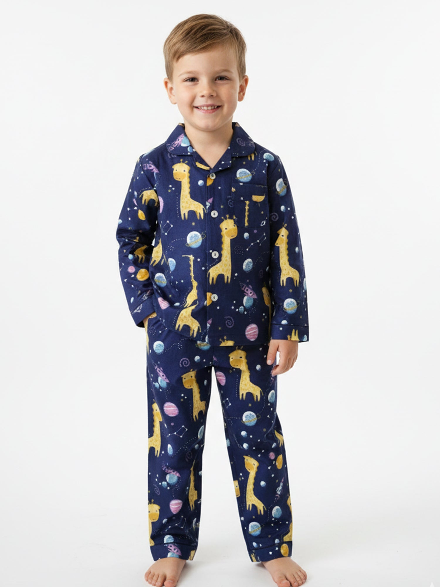 Kids Boys Navy Blue & Yellow Giraffes in Space Printed Night Suit