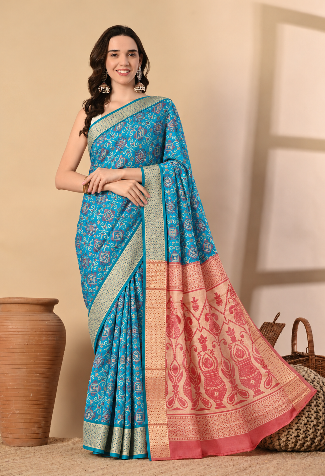 Turquoise Blue & Peach Traditional Woven Printed Saree with Designer Pallu