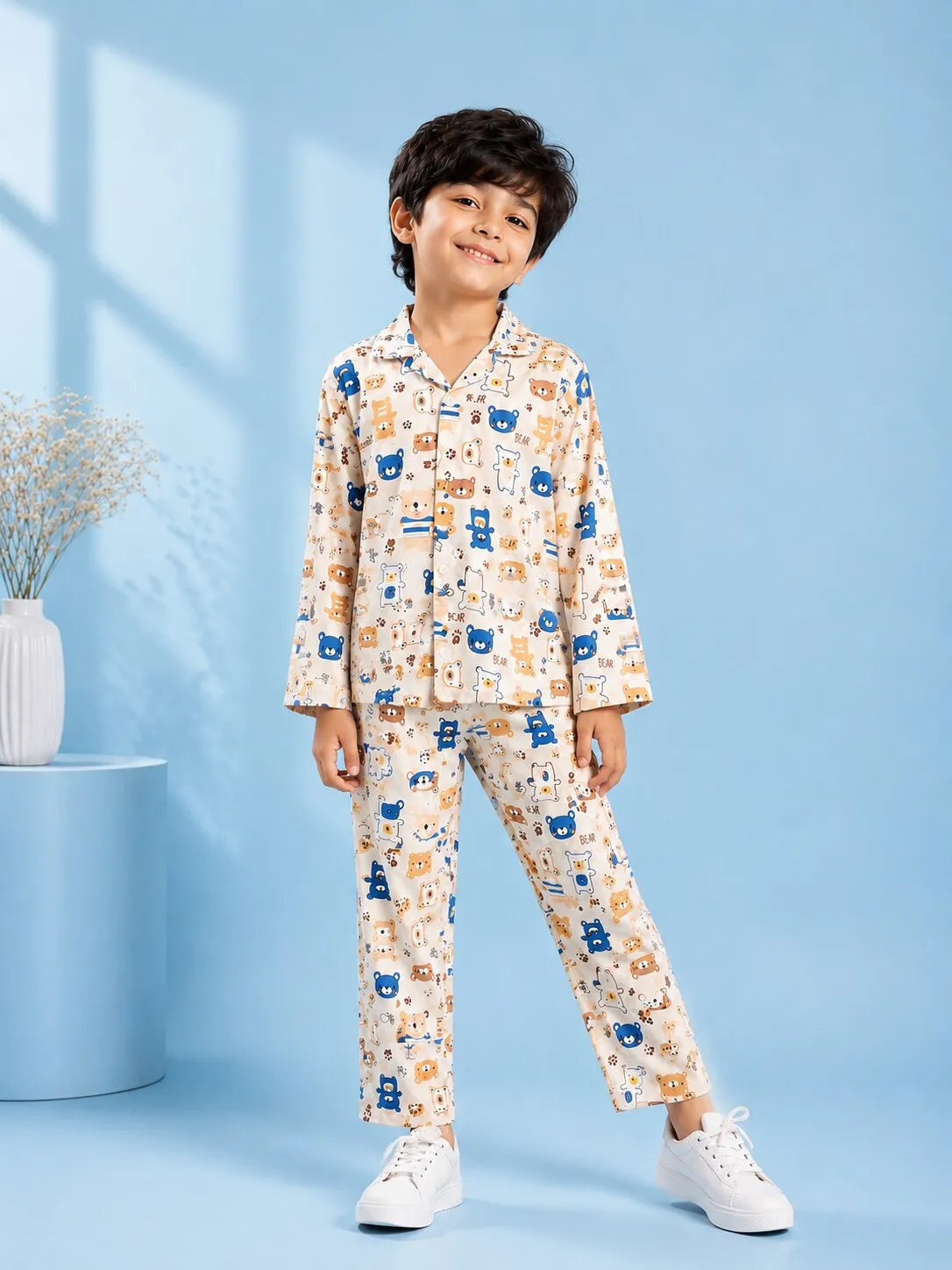 Boys' Bear Print Luxury Satin Night Suit – Full Sleeve Shirt & Pajama Sleepwear Set