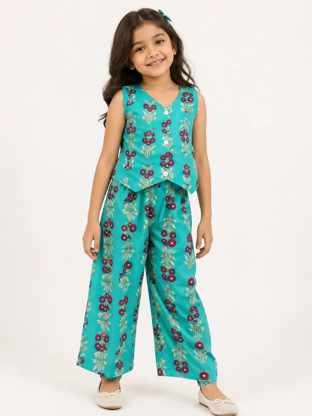 Girls Turquoise Blue Floral Printed Co-ord Set - Sleeveless Waistcoat Top & Wide-Leg Trousers